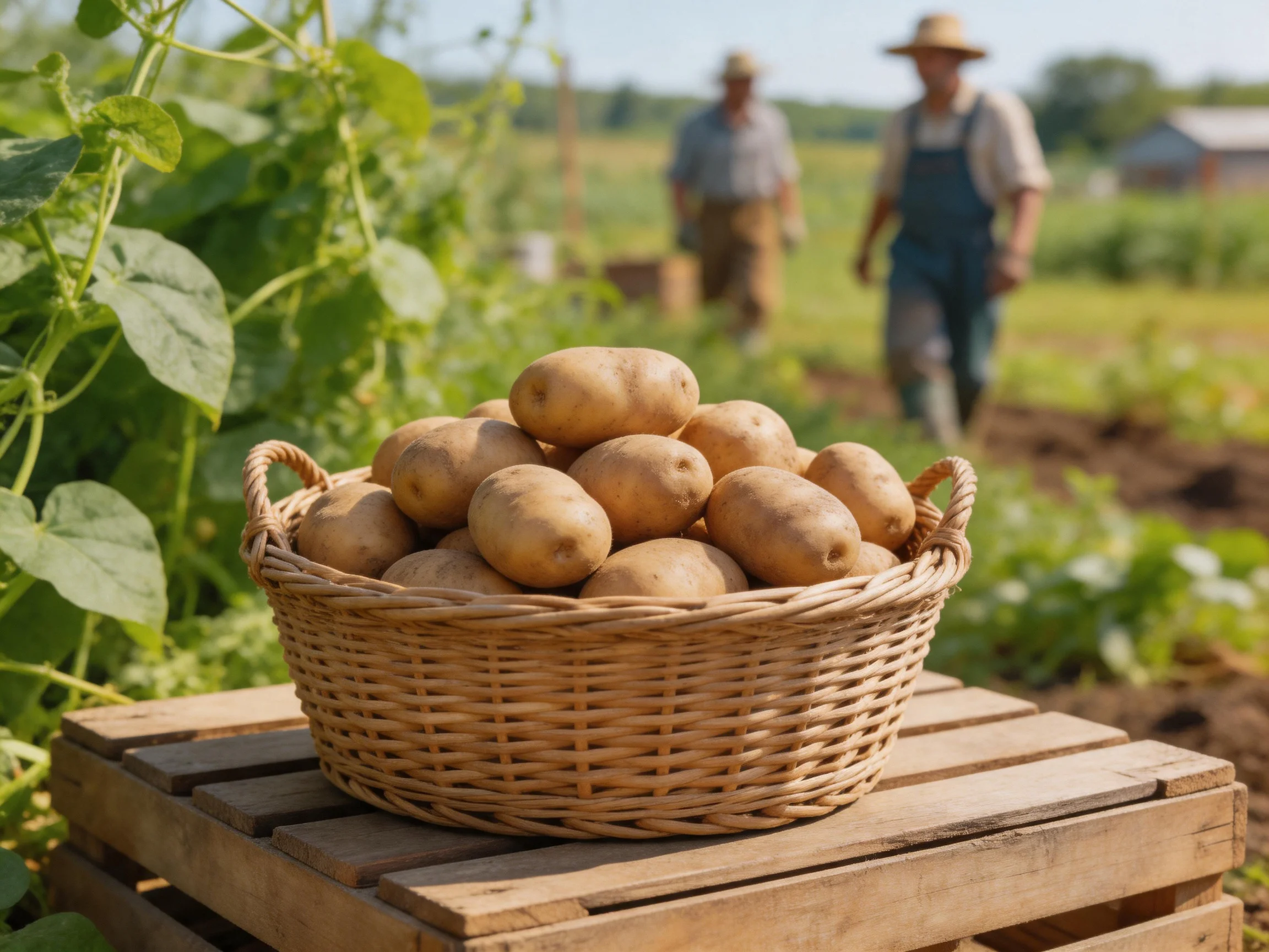 A wicker basket full of potatoes on wooden crates in a sunny farm field