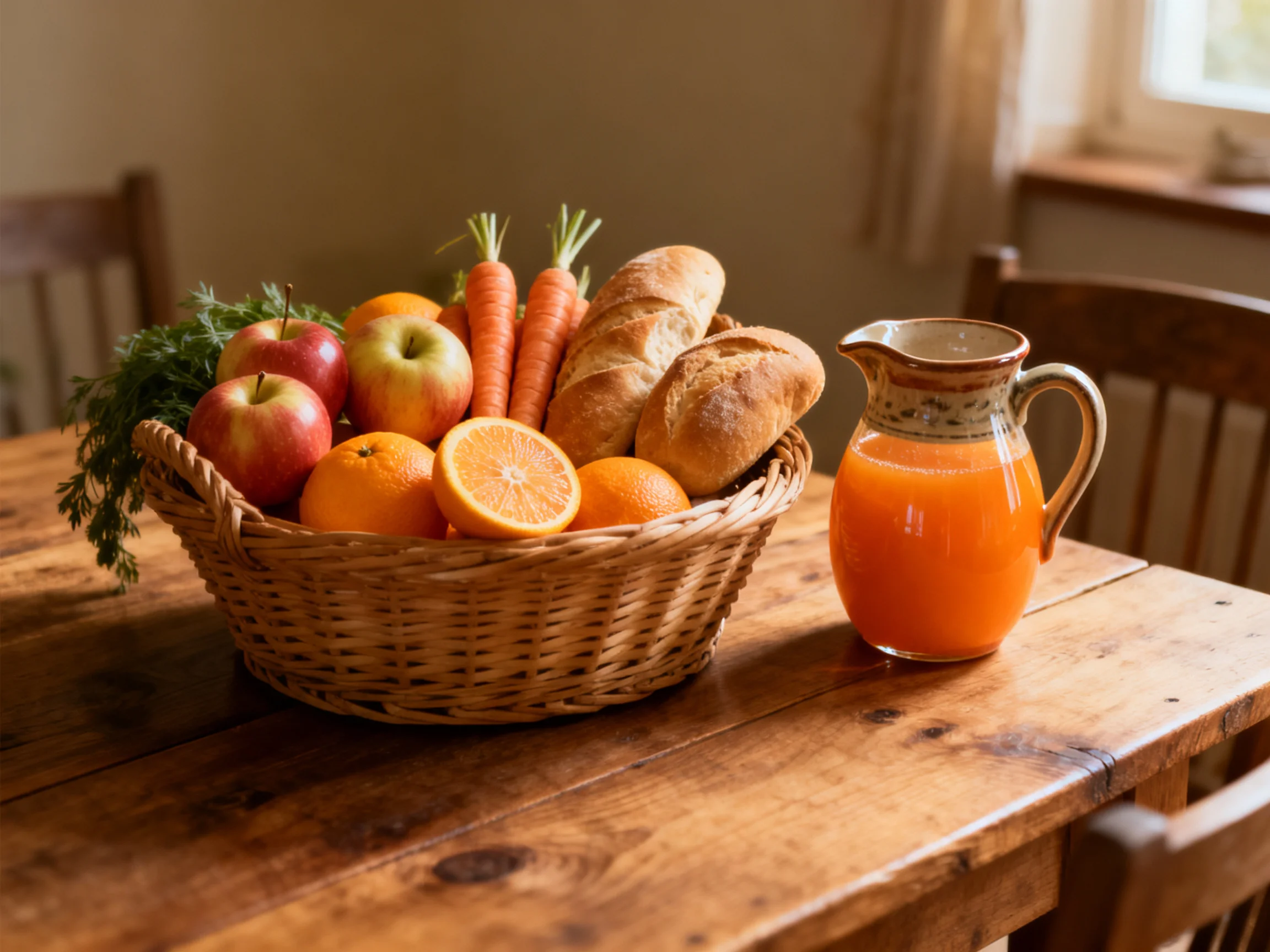 A wicker basket holds apples, oranges, carrots, and bread next to an orange juice pitcher on a wooden
