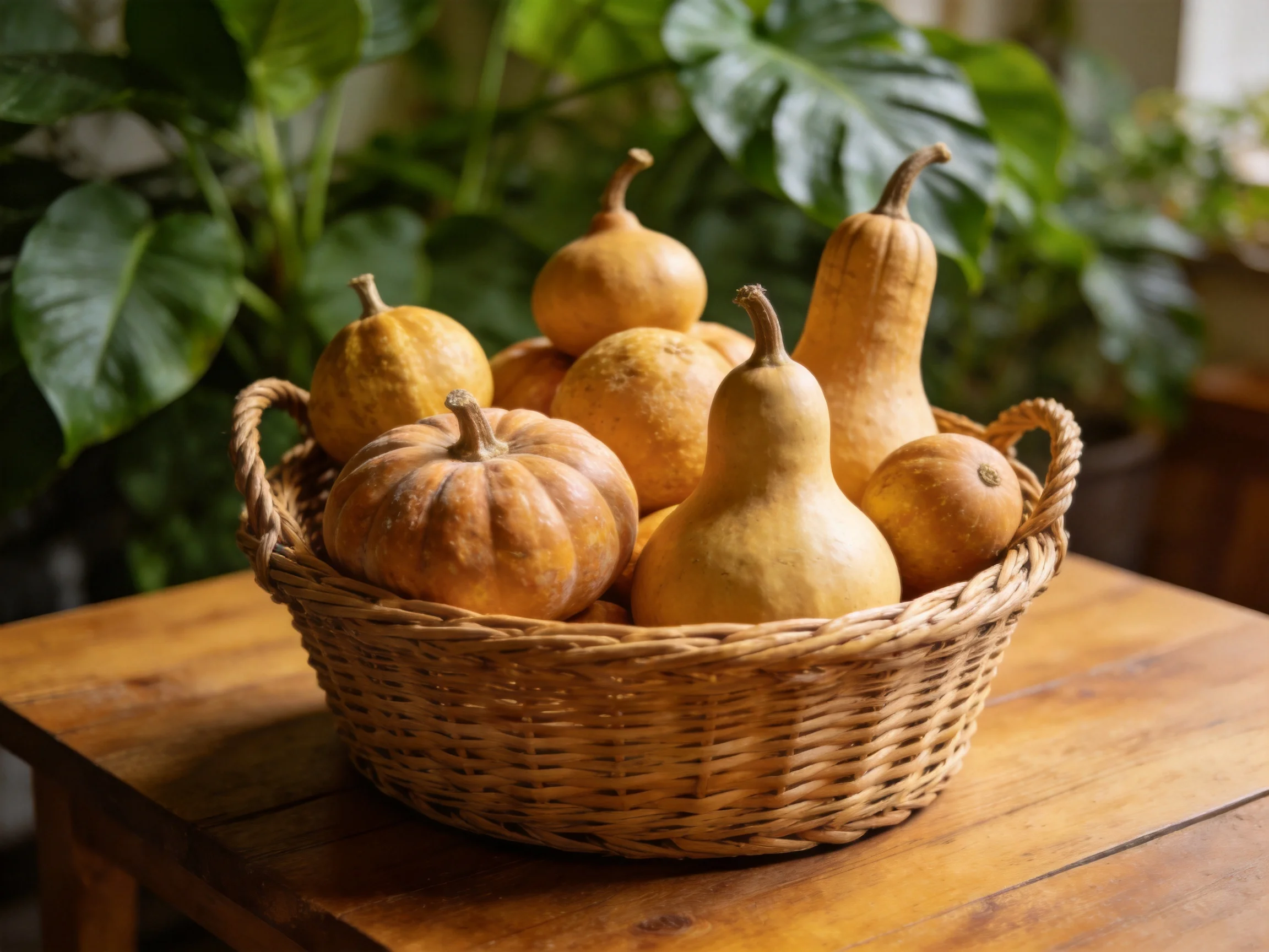 A wicker basket holds assorted brown gourds and squashes on a wooden table