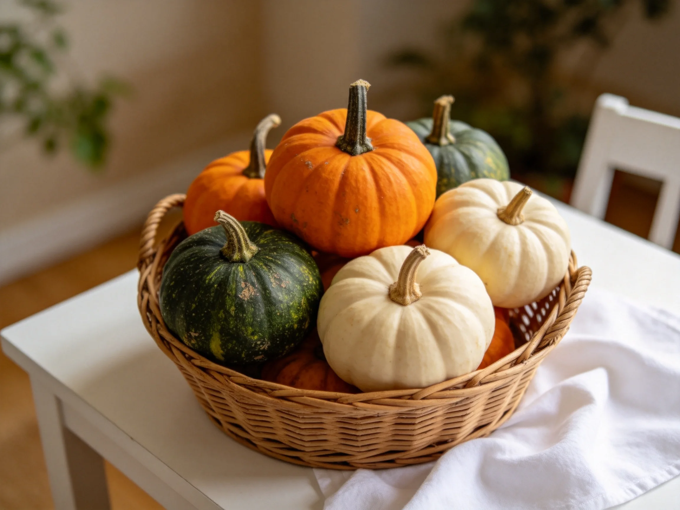 A wicker basket holds assorted colored mini pumpkins in orange, green, and cream.