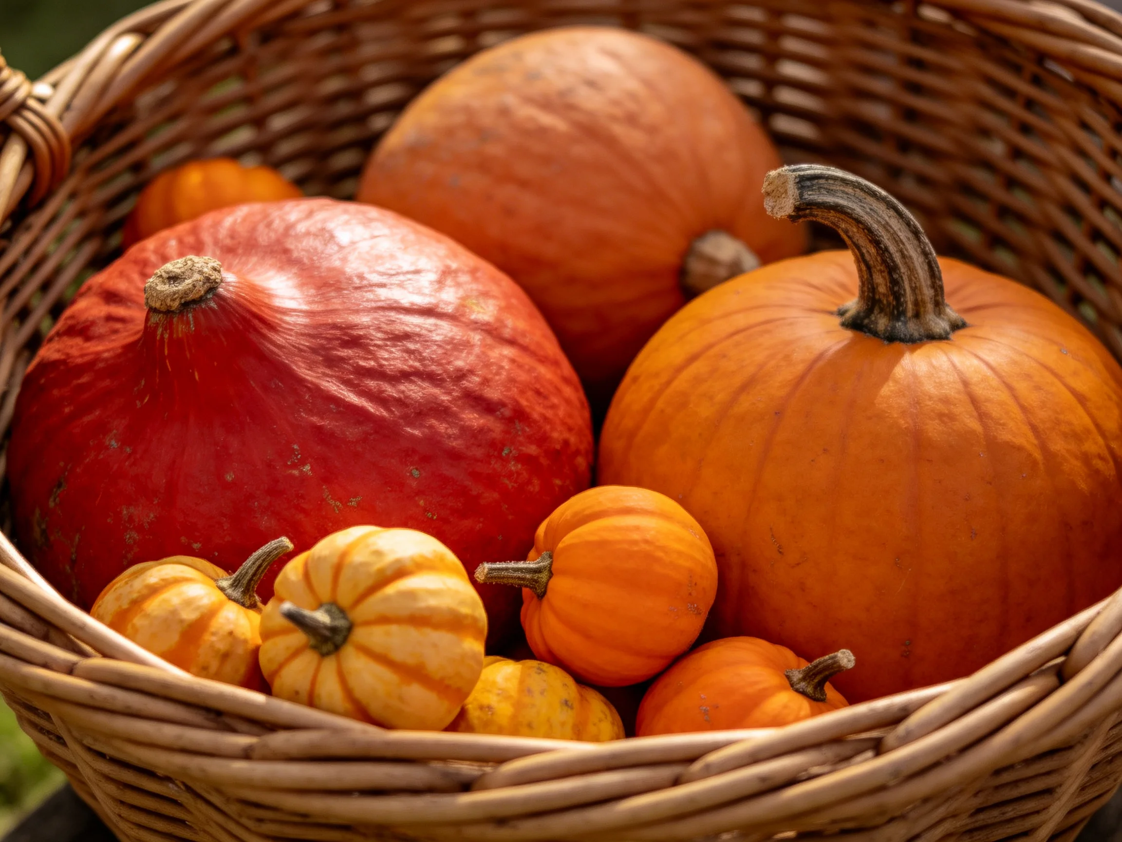 A wicker basket holds assorted pumpkins in red, orange, and striped hues