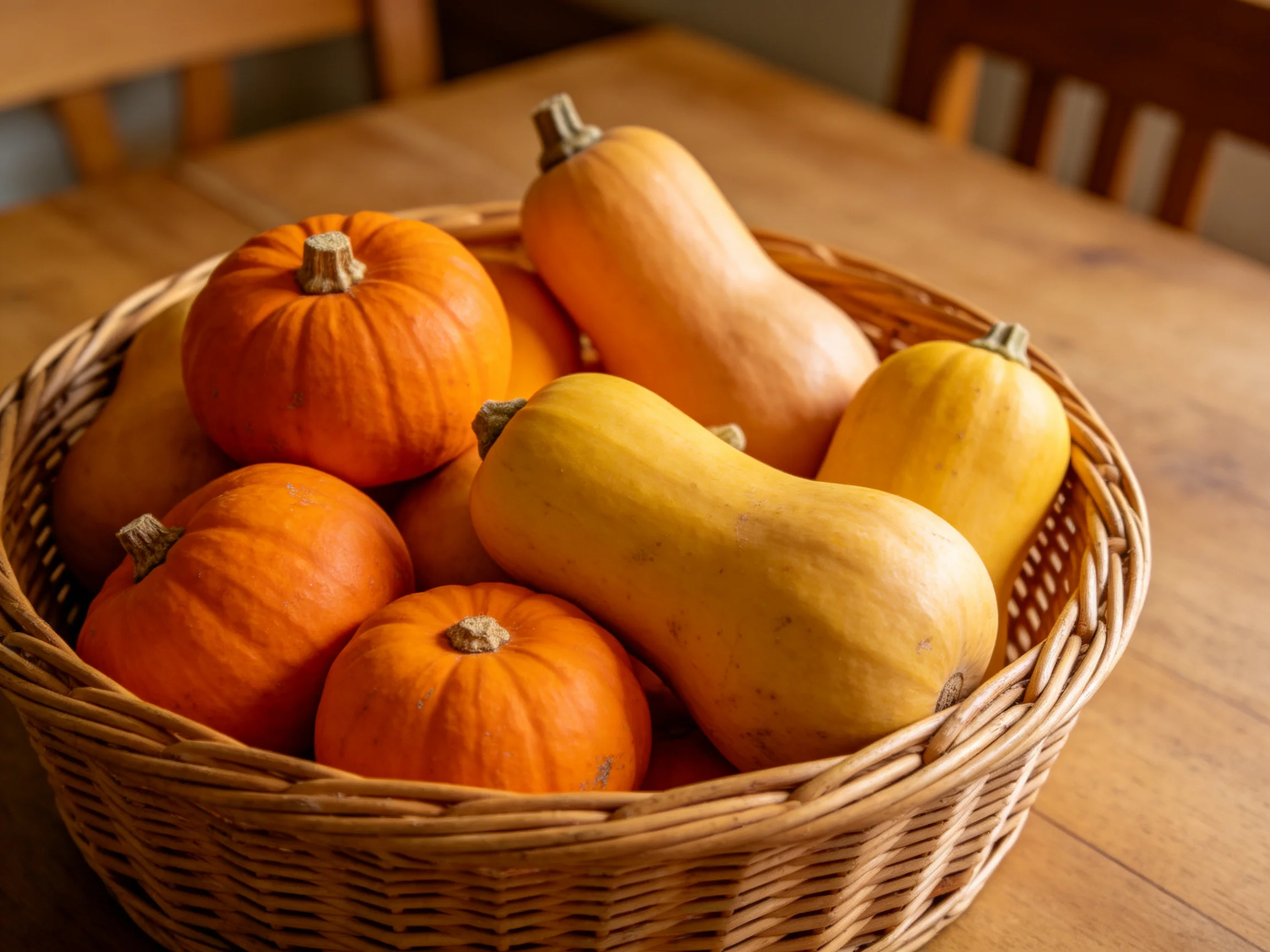 A wicker basket holds bright orange pumpkins and golden squash
