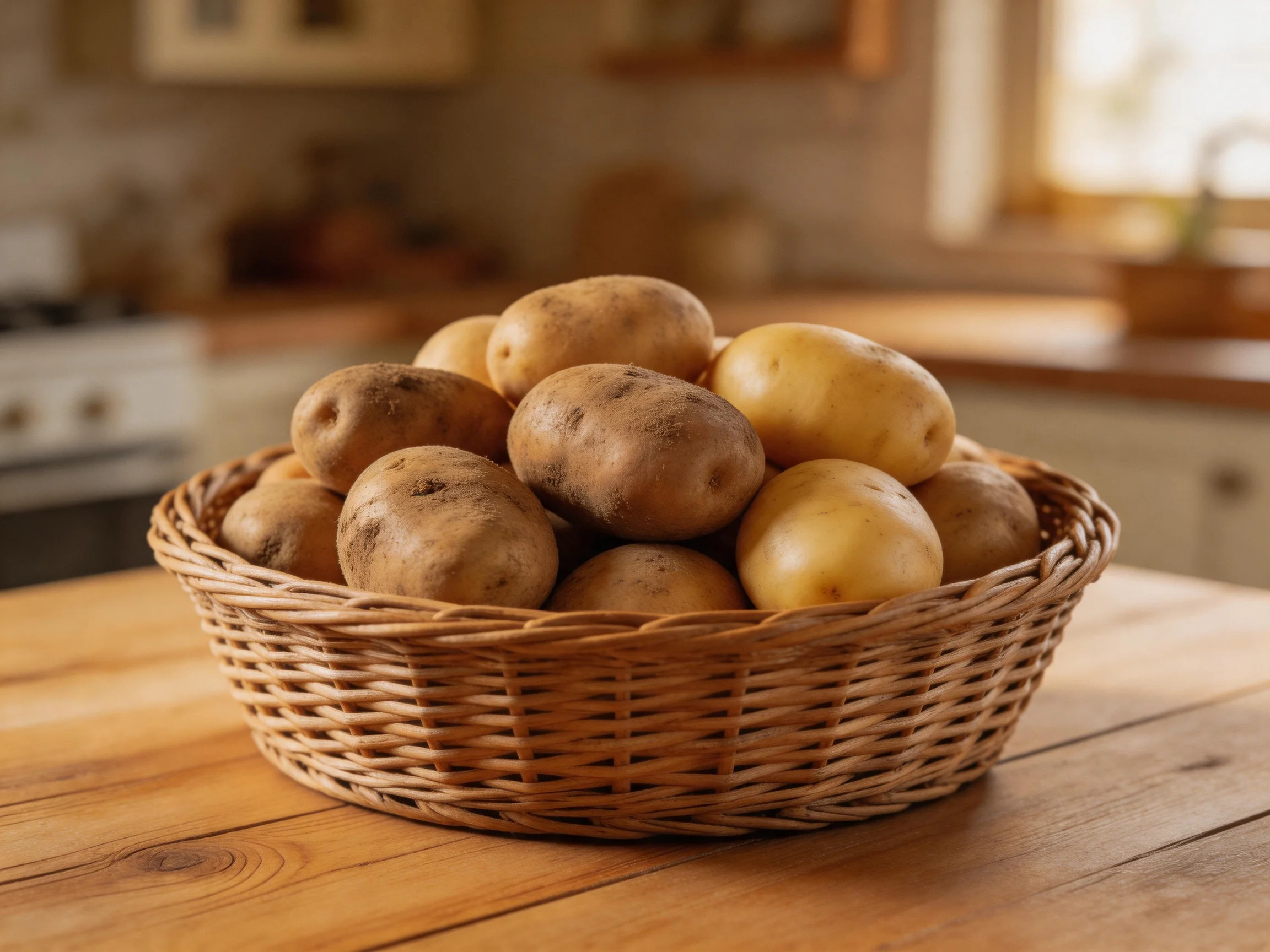 A wicker basket holds brown and yellow potatoes on a wooden kitchen table