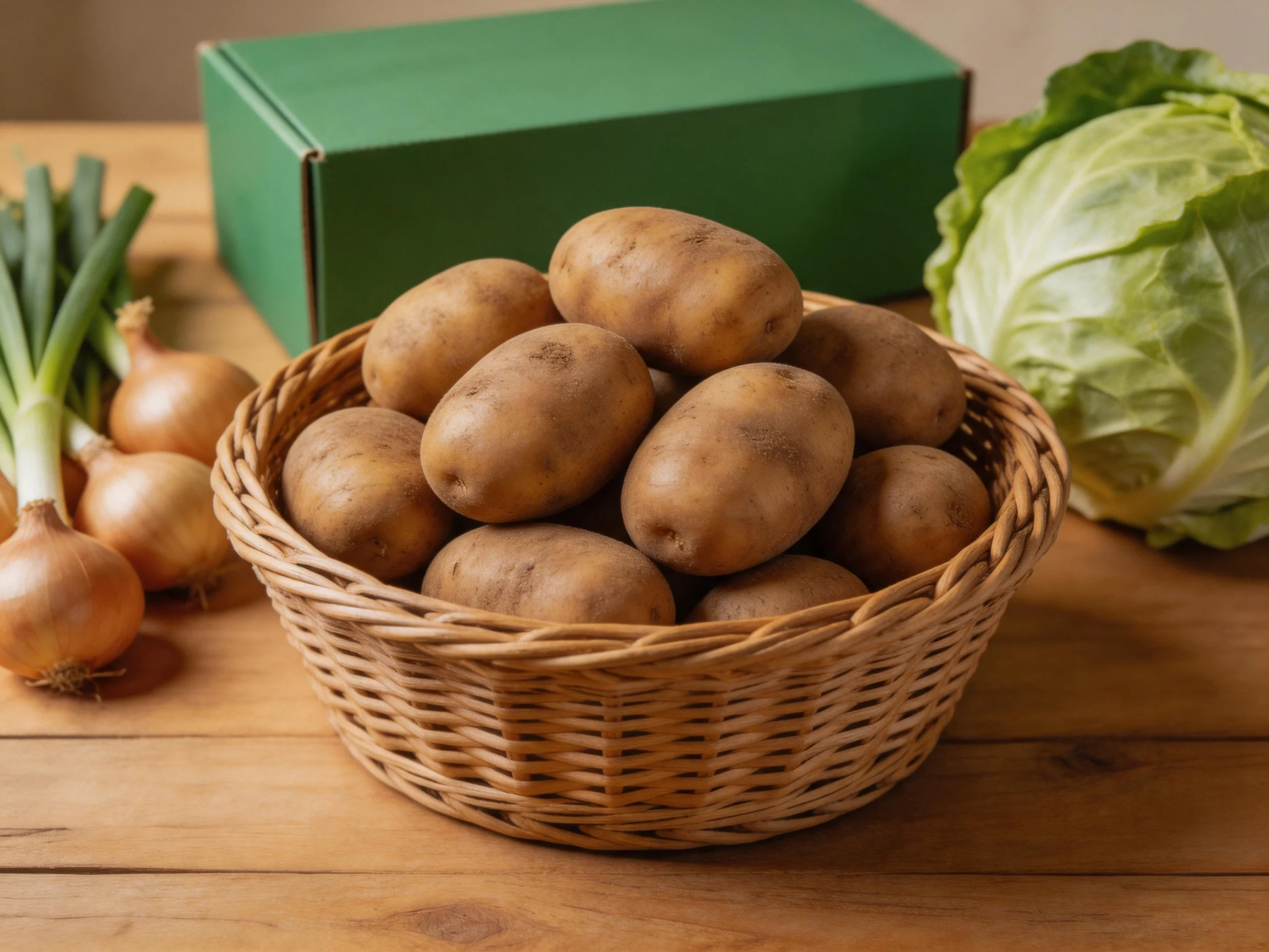 A wicker basket holds brown potatoes near golden onions, green cabbage, and a green box