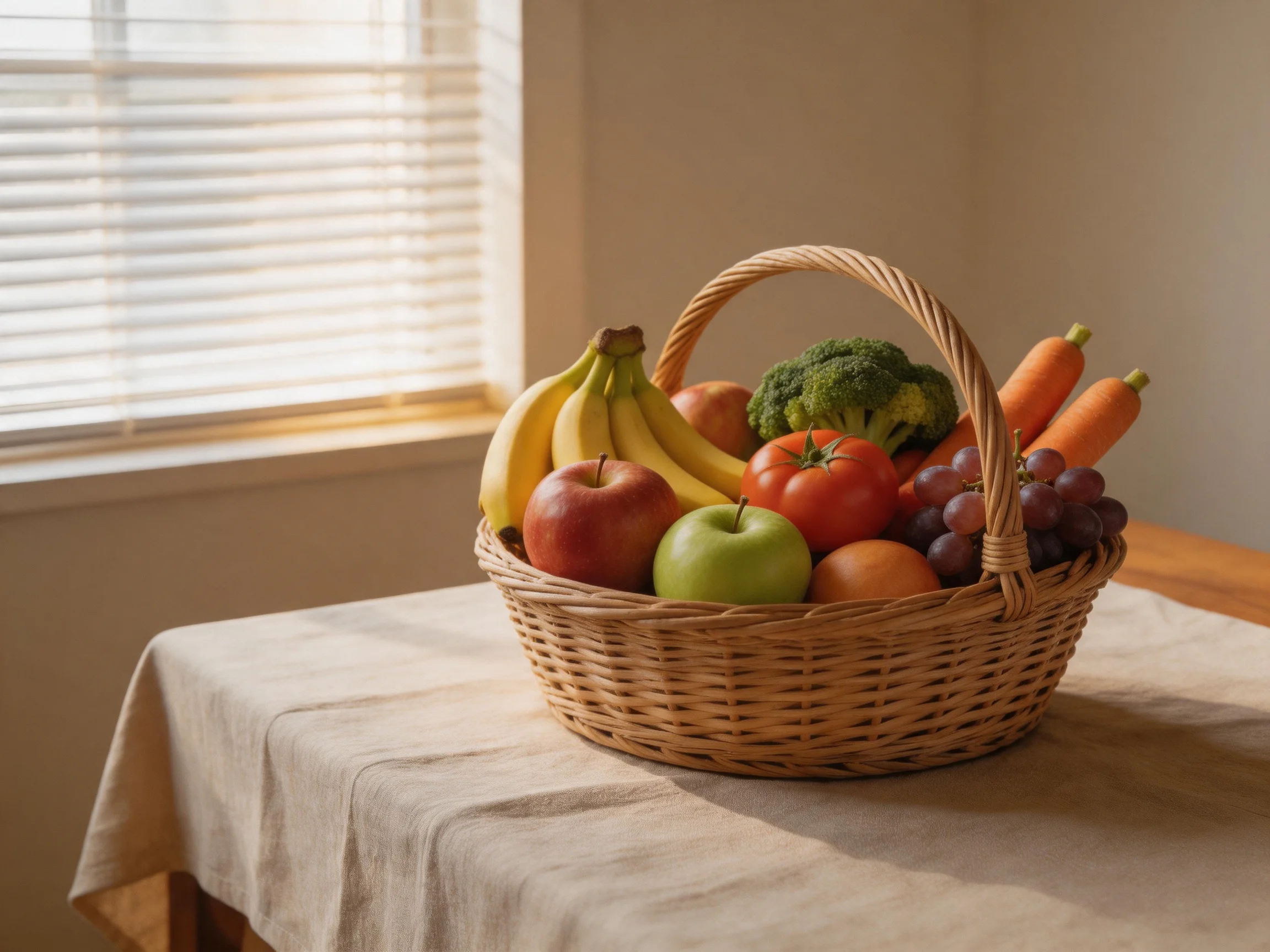 A wicker basket holds colorful fruits and vegetables near a sunlit window