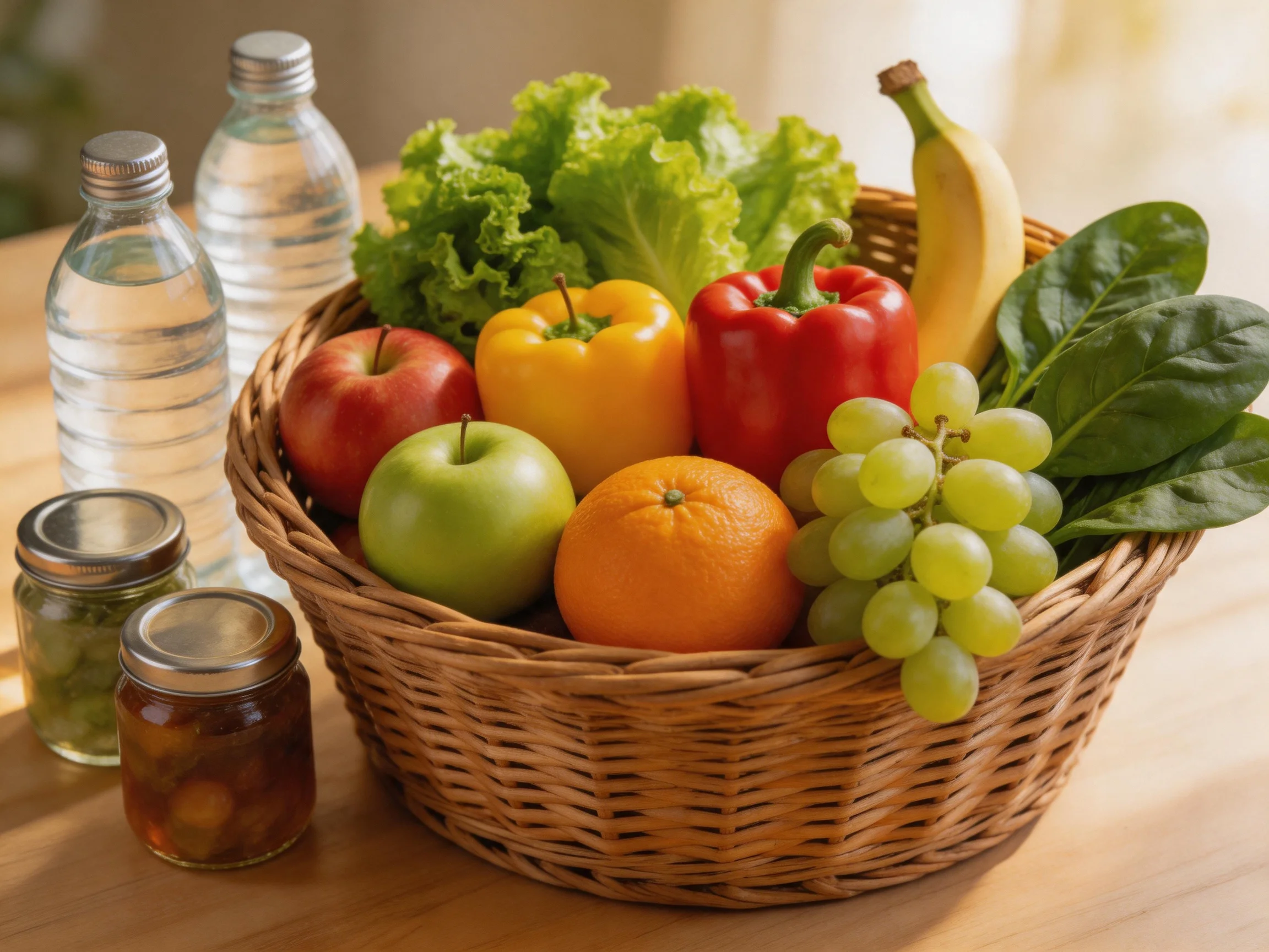 A wicker basket holds colorful fruits, vegetables, water bottles, and jars