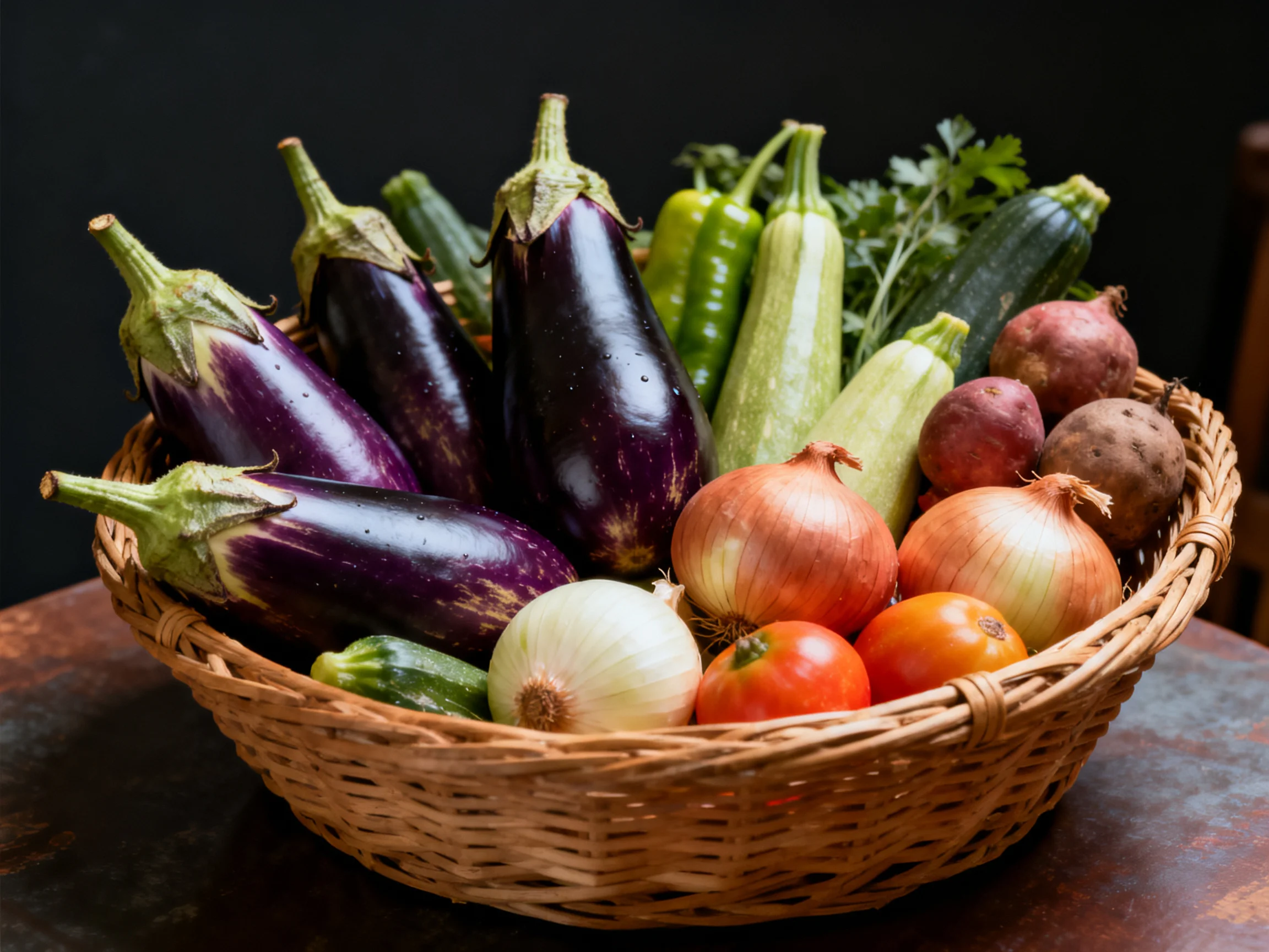 A wicker basket holds dark purple eggplants, golden onions, red tomatoes, green peppers, zucchinis, a