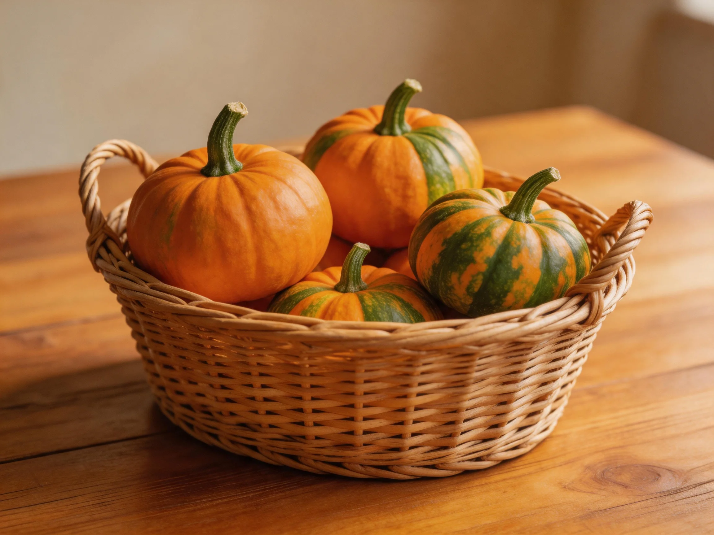 A wicker basket holds five small pumpkins, orange and green-striped, on a wooden table.