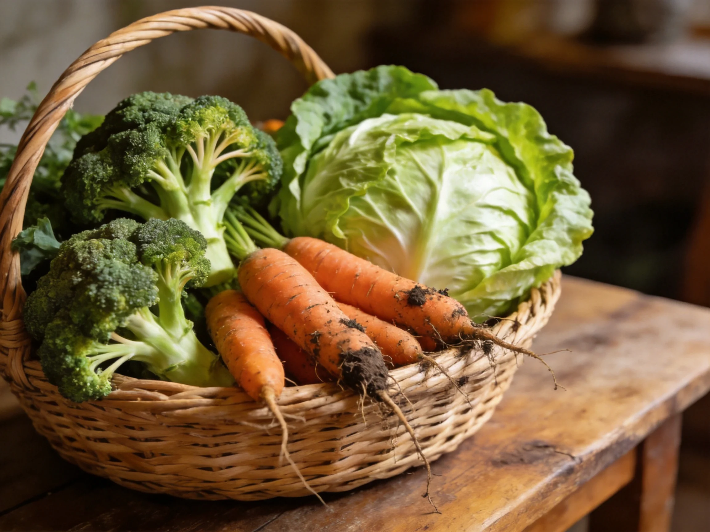 A wicker basket holds fresh broccoli, cabbage, and dirt-covered carrots