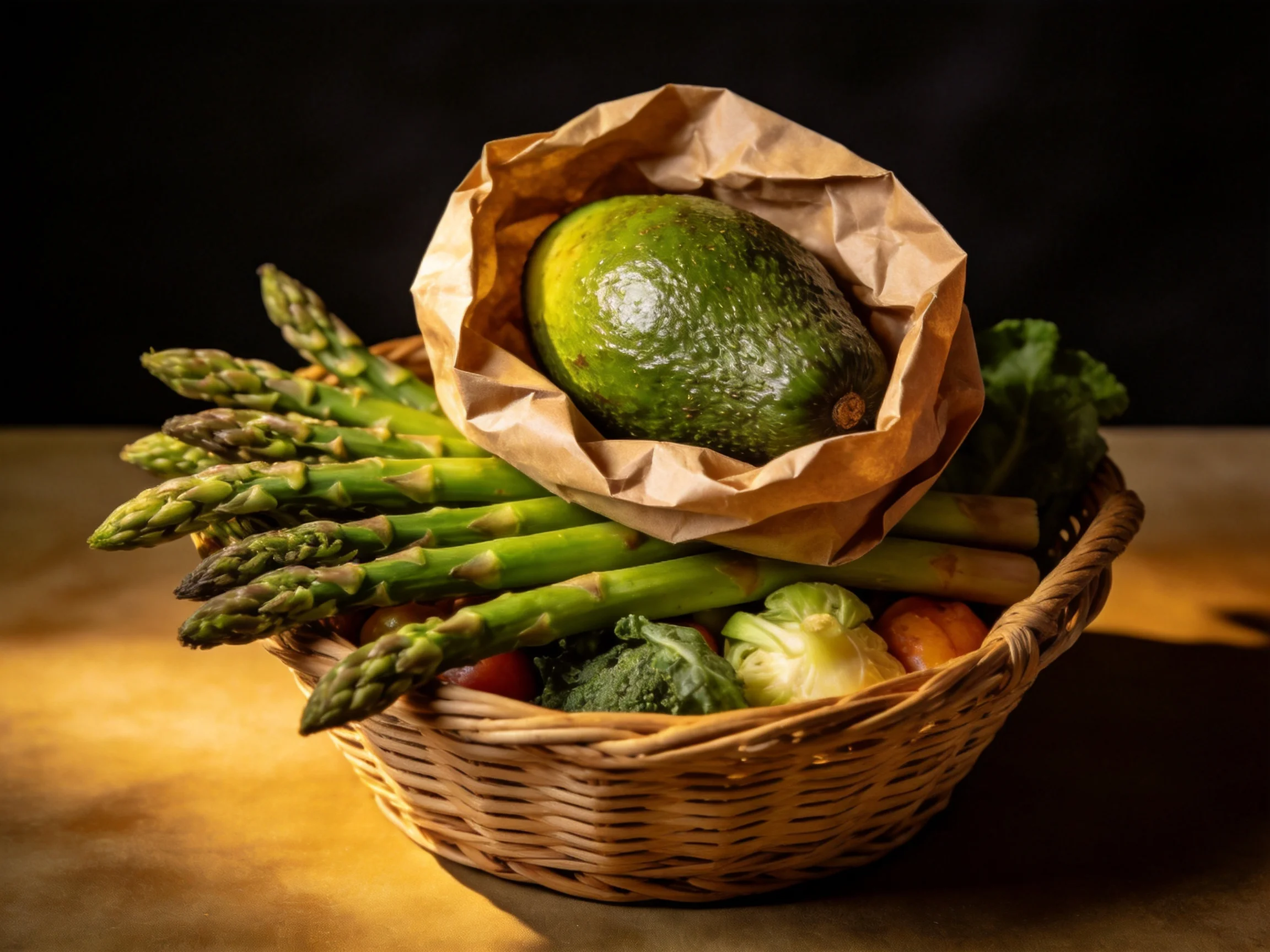 A wicker basket holds fresh green asparagus, avocado, and assorted vegetables.