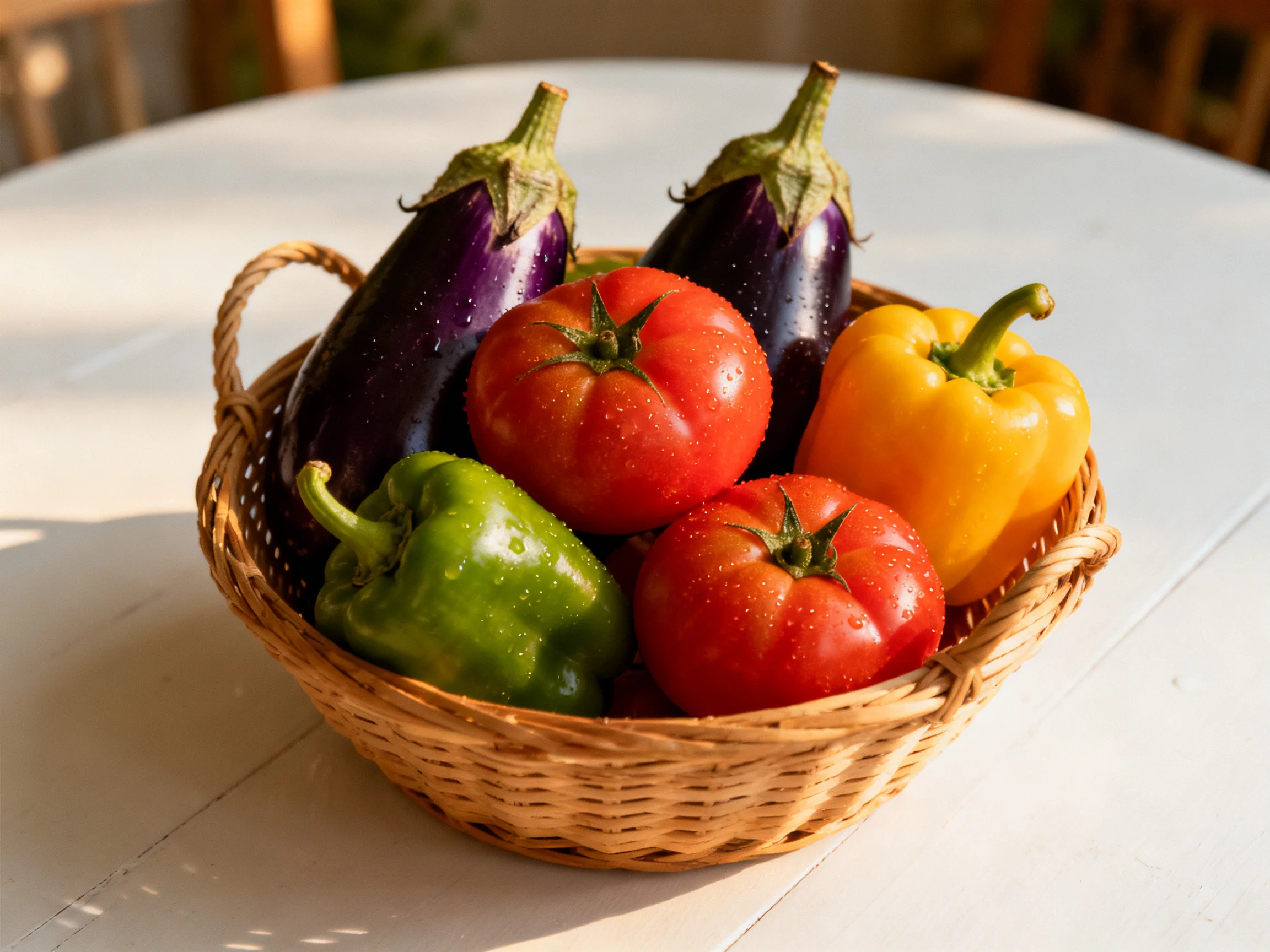 A wicker basket holds fresh purple eggplants, red tomatoes, green, and yellow peppers