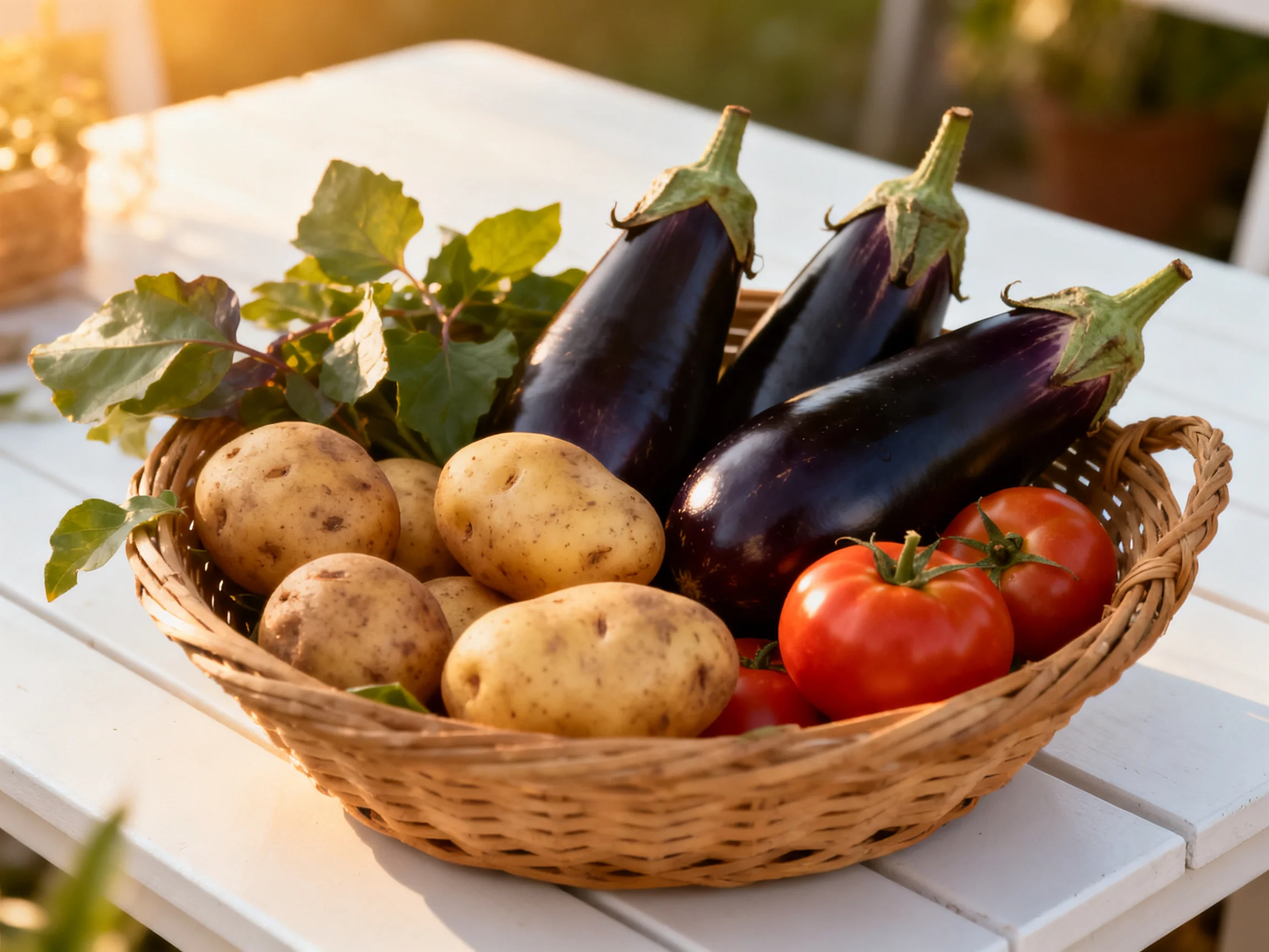 A wicker basket holds fresh vegetables including purple eggplants, yellow potatoes, and red tomatoes