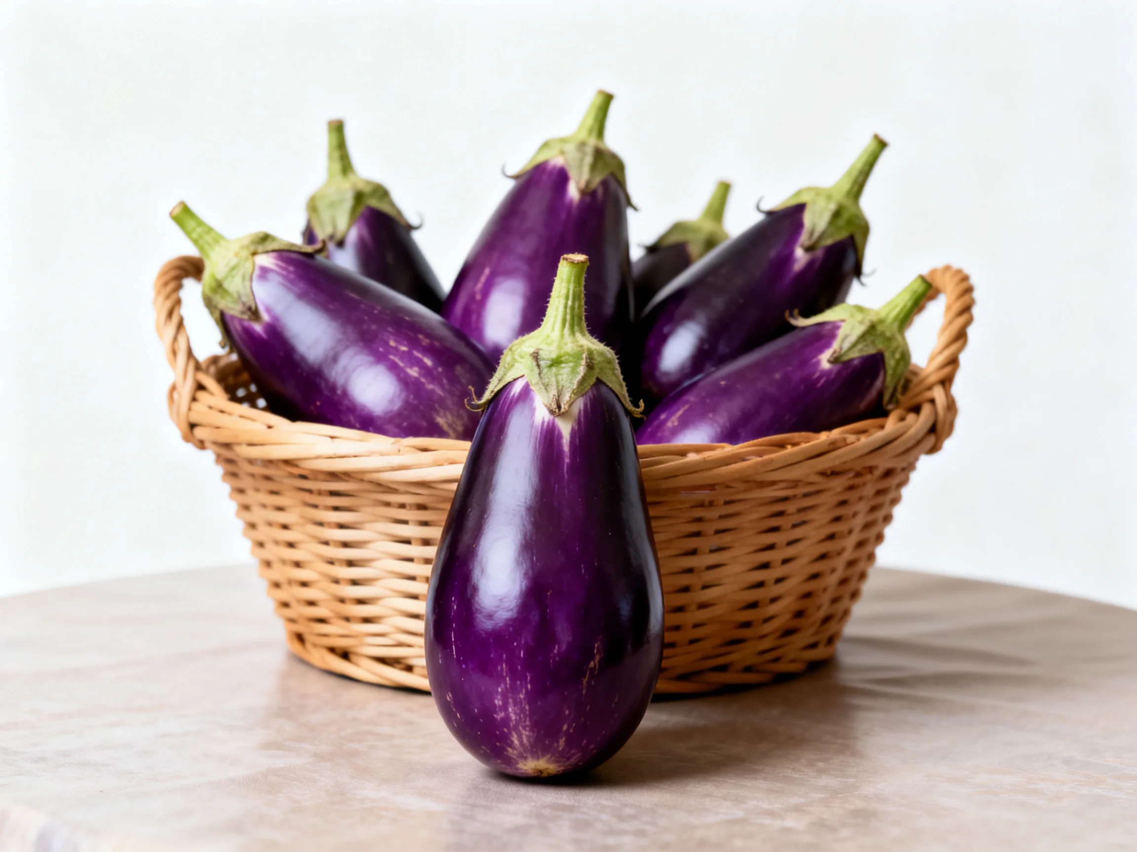 A wicker basket holds glossy purple eggplants on a round table