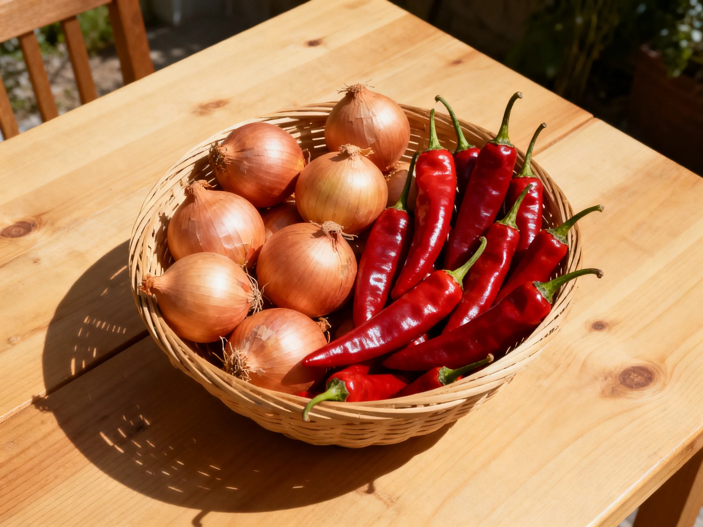 A wicker basket holds golden onions and red chili peppers on a wooden table