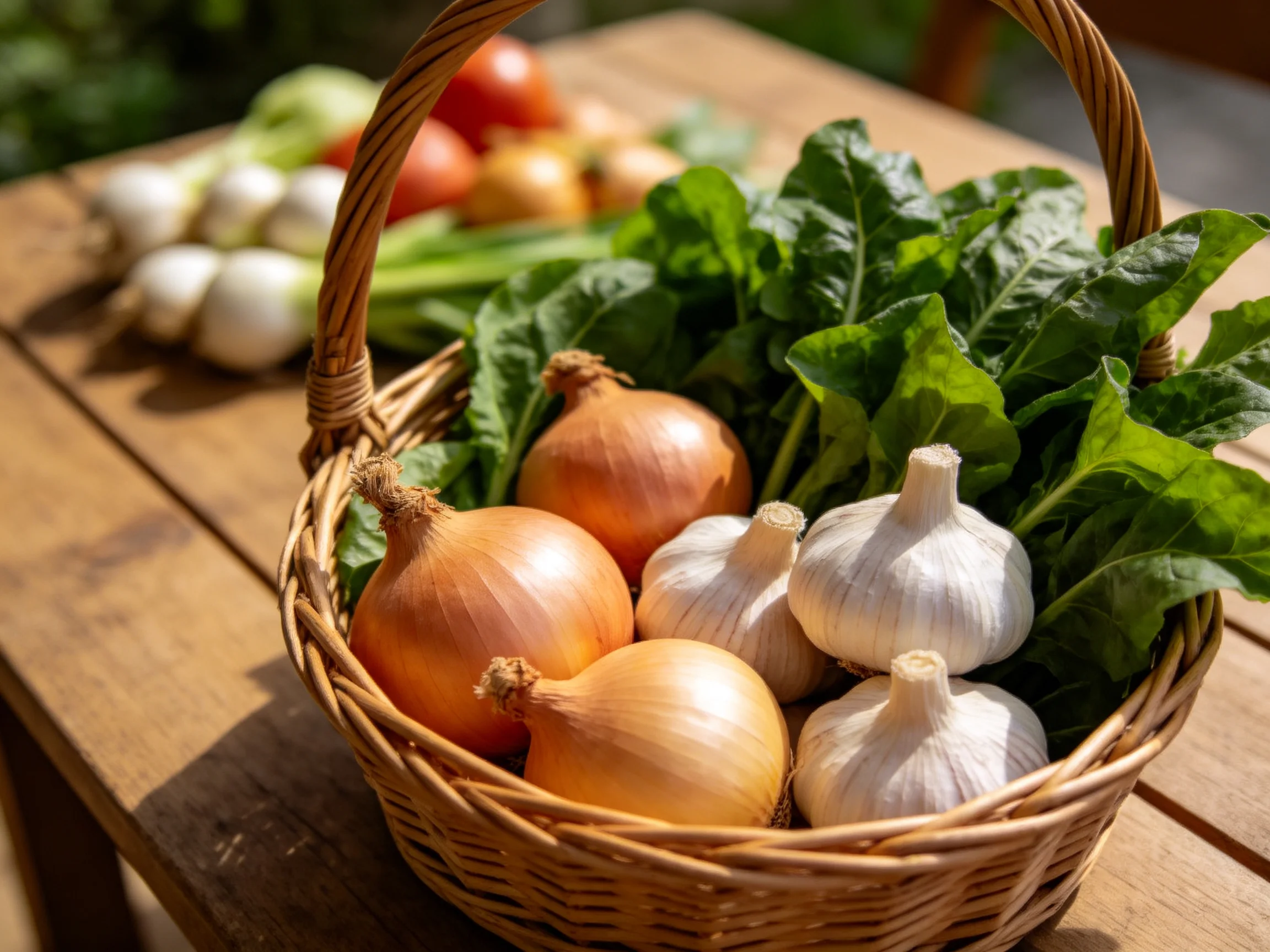 A wicker basket holds golden onions, white garlic, and leafy greens near assorted vegetables