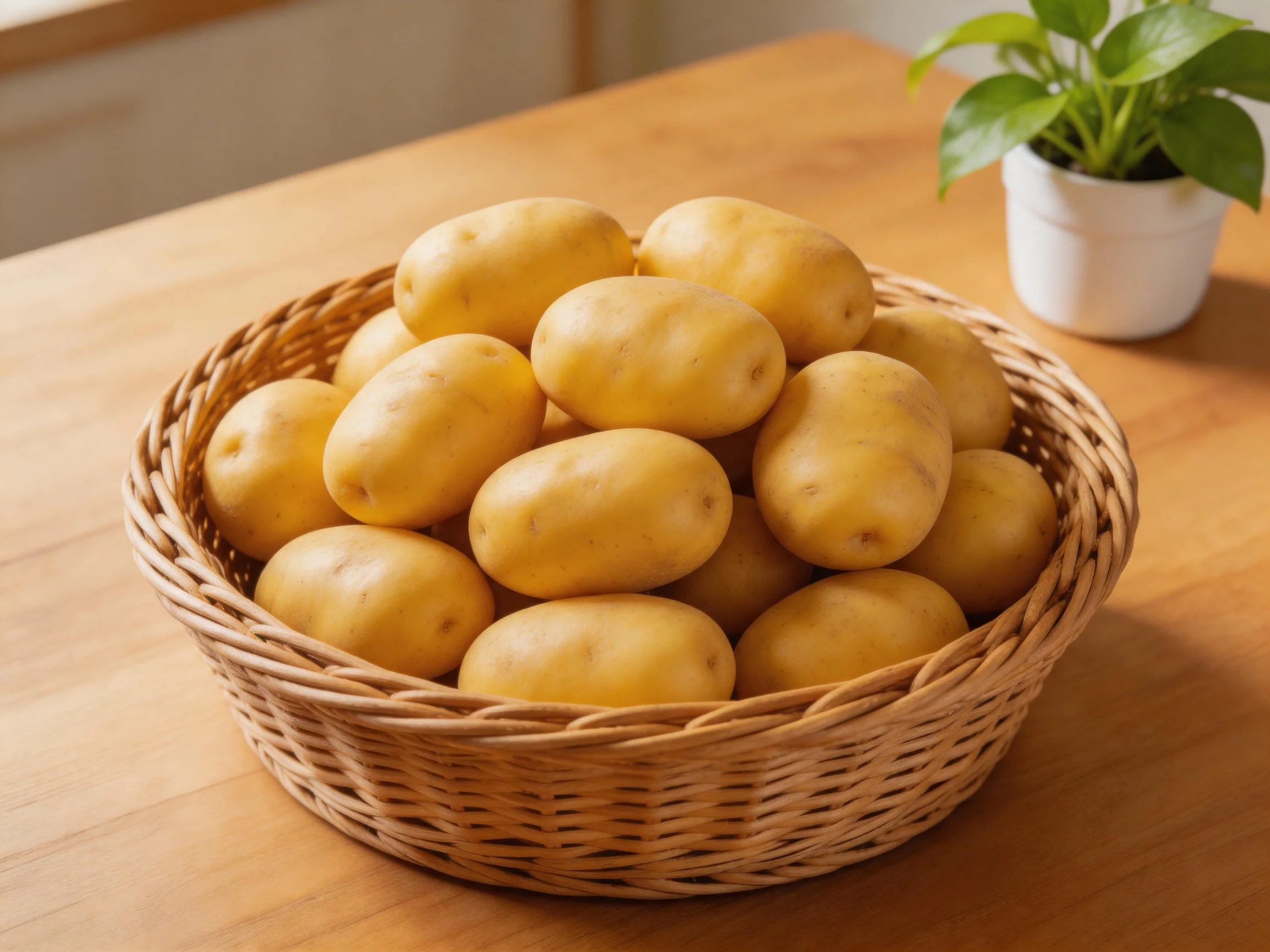A wicker basket holds golden potatoes on a wooden table near a potted plant