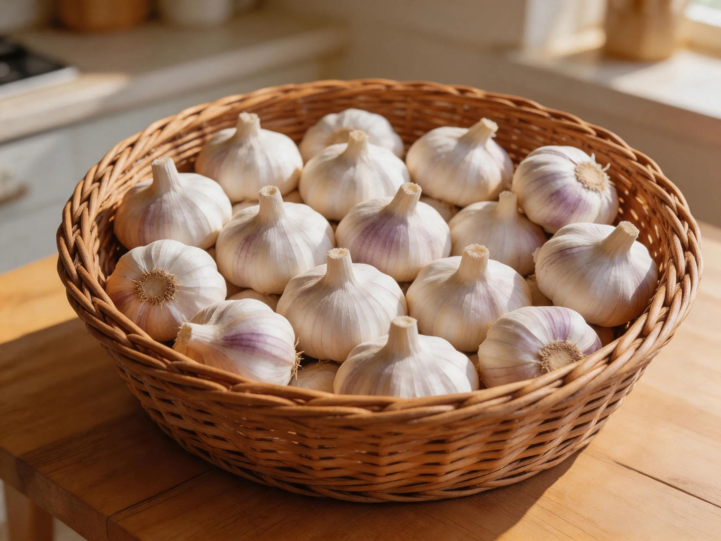 A wicker basket holds numerous garlic bulbs with white and purple tones