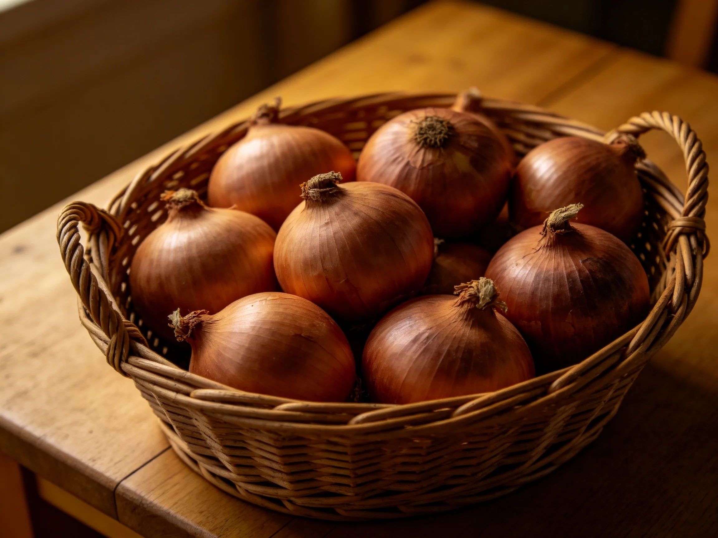 A wicker basket holds numerous golden-brown onions on a wooden table