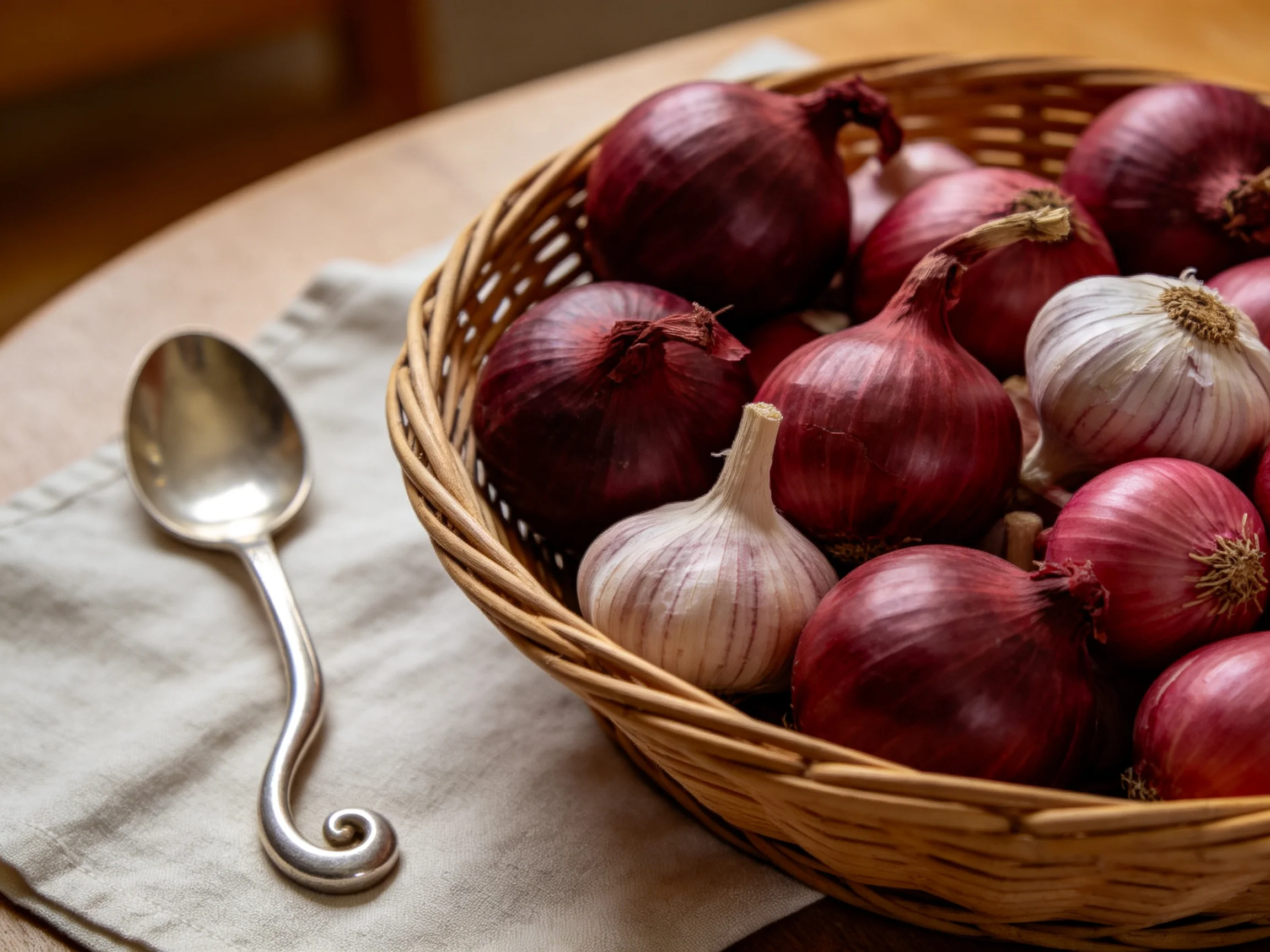 A wicker basket holds red onions and garlic beside a silver spoon