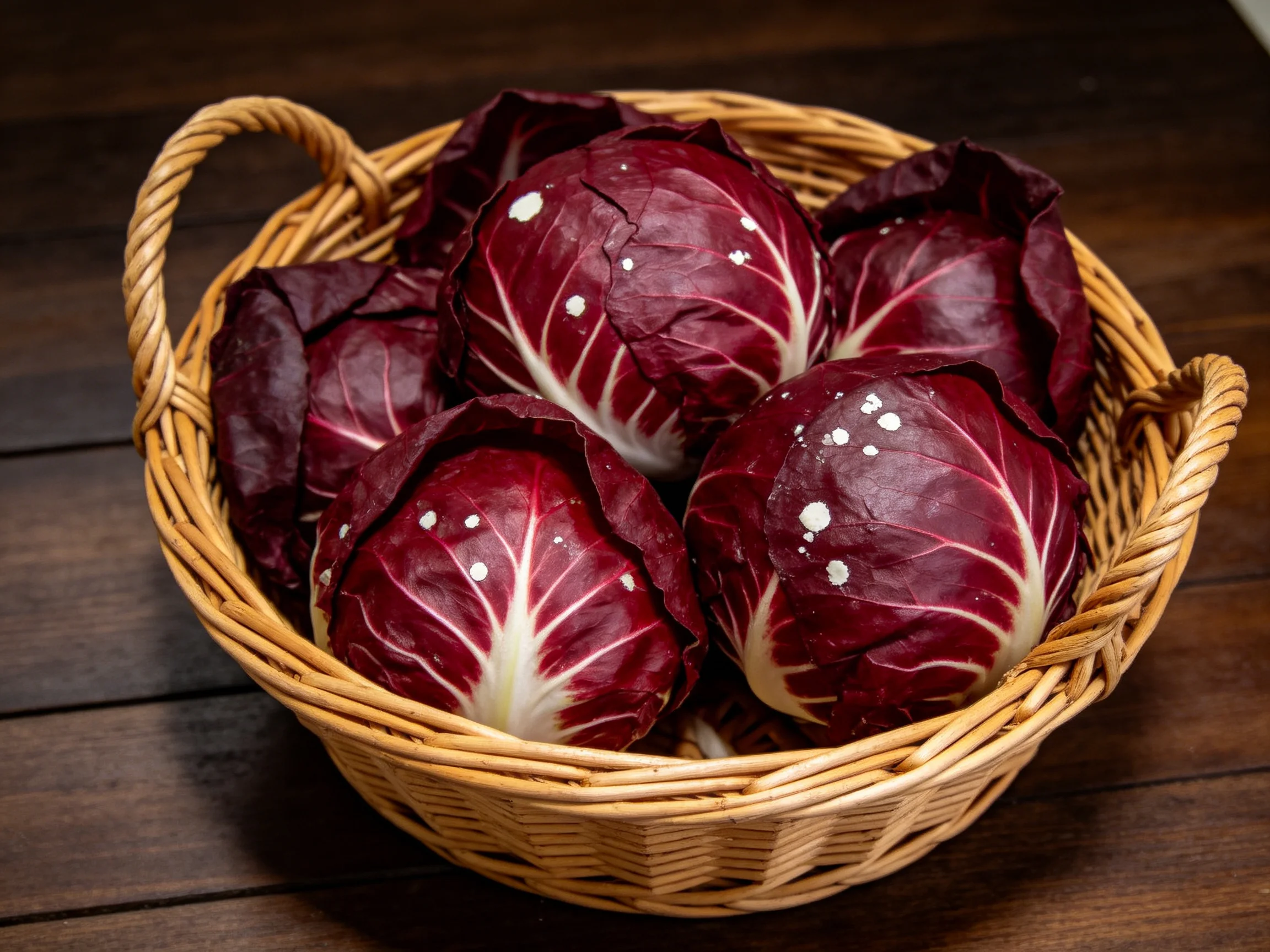 A wicker basket holds several vibrant radicchio heads with deep red leaves
