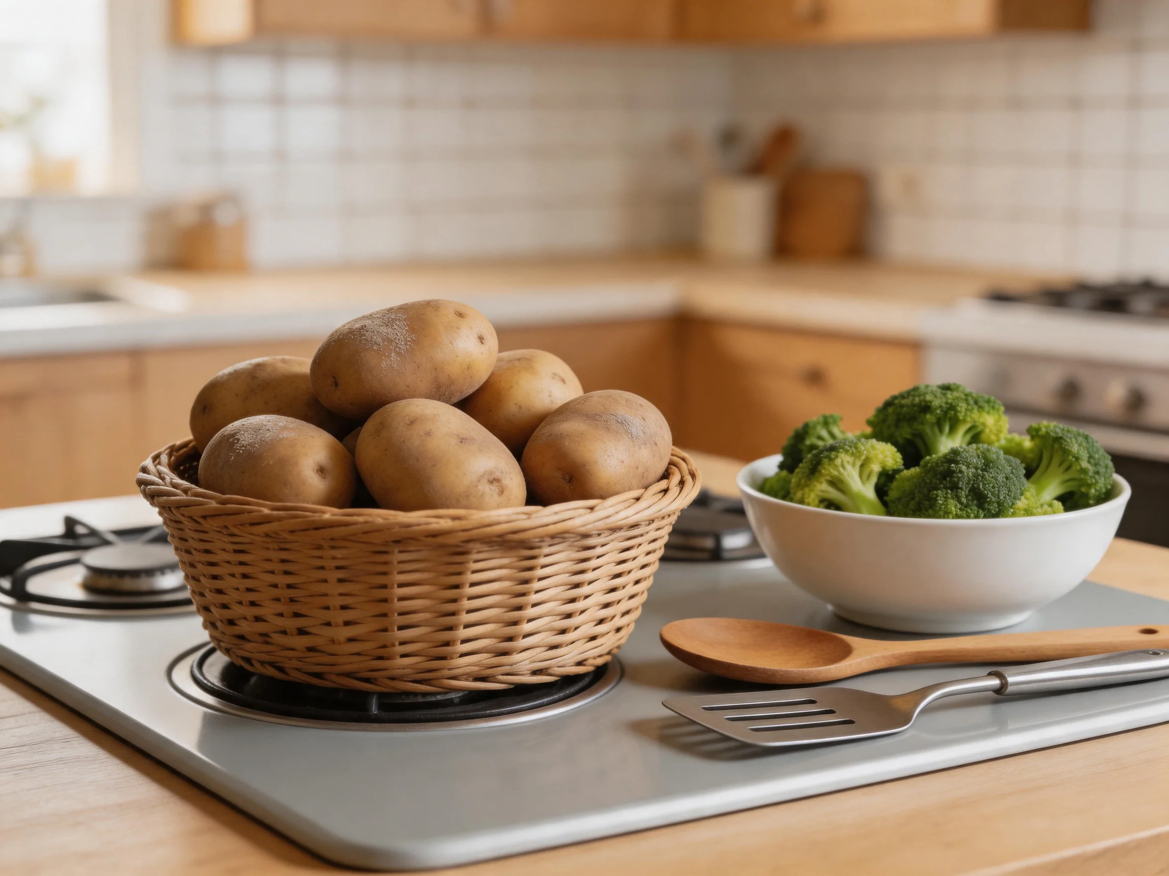 A wicker basket holds six brown potatoes next to a white bowl of green broccoli on a kitchen stove.