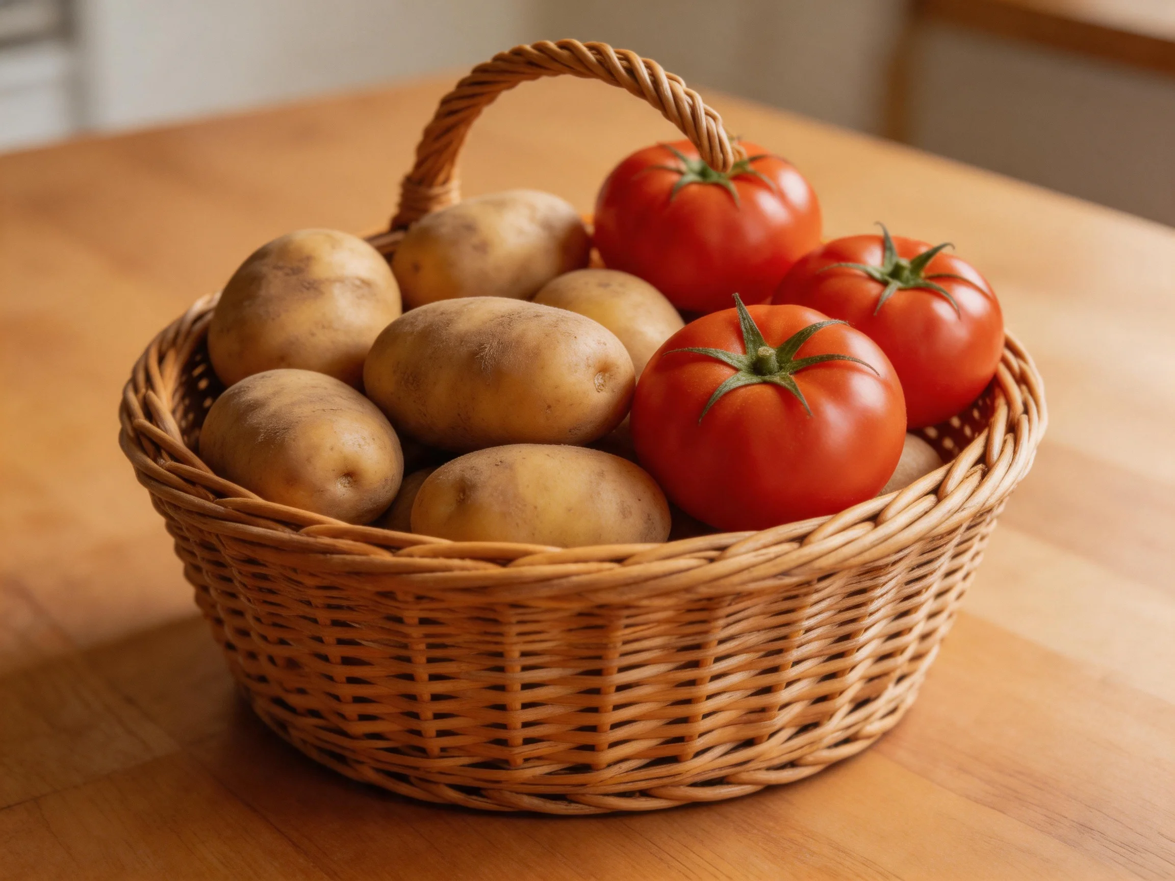 A wicker basket holds six potatoes and four bright red tomatoes