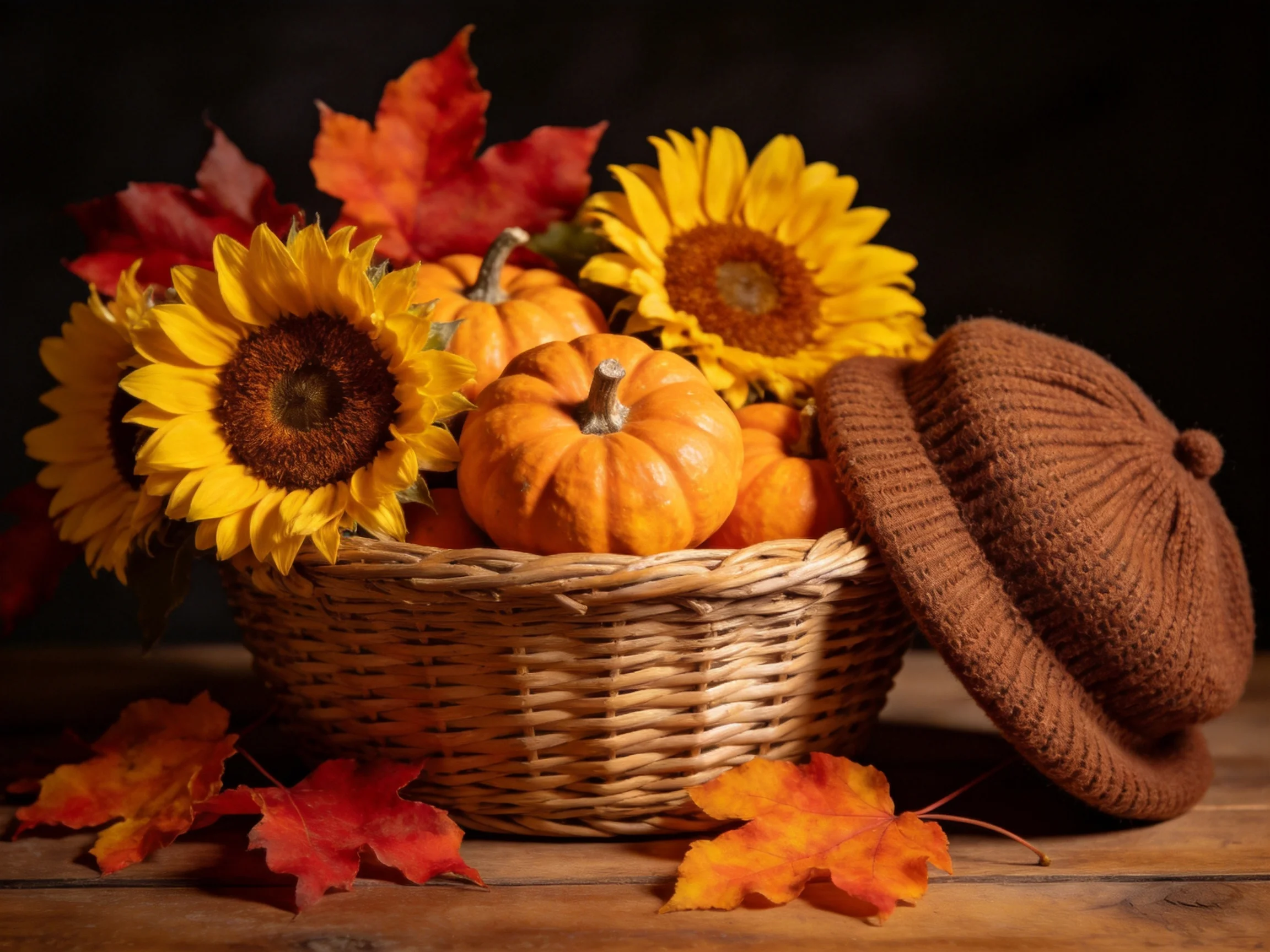 A wicker basket holds sunflowers, small pumpkins, and autumn leaves near a brown knit hat