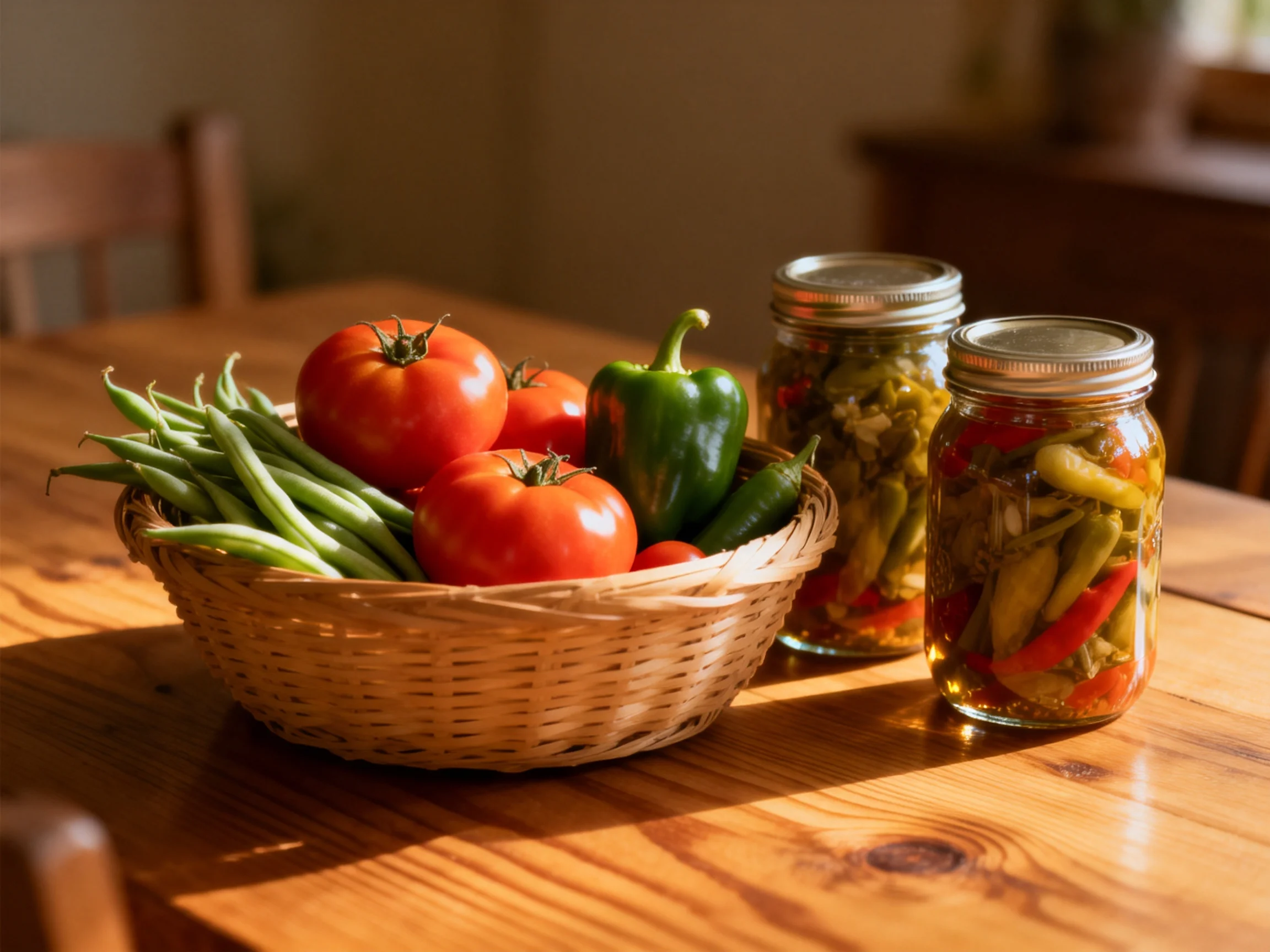 A wicker basket holds tomatoes, green beans, and bell peppers beside two jars of pickled peppers