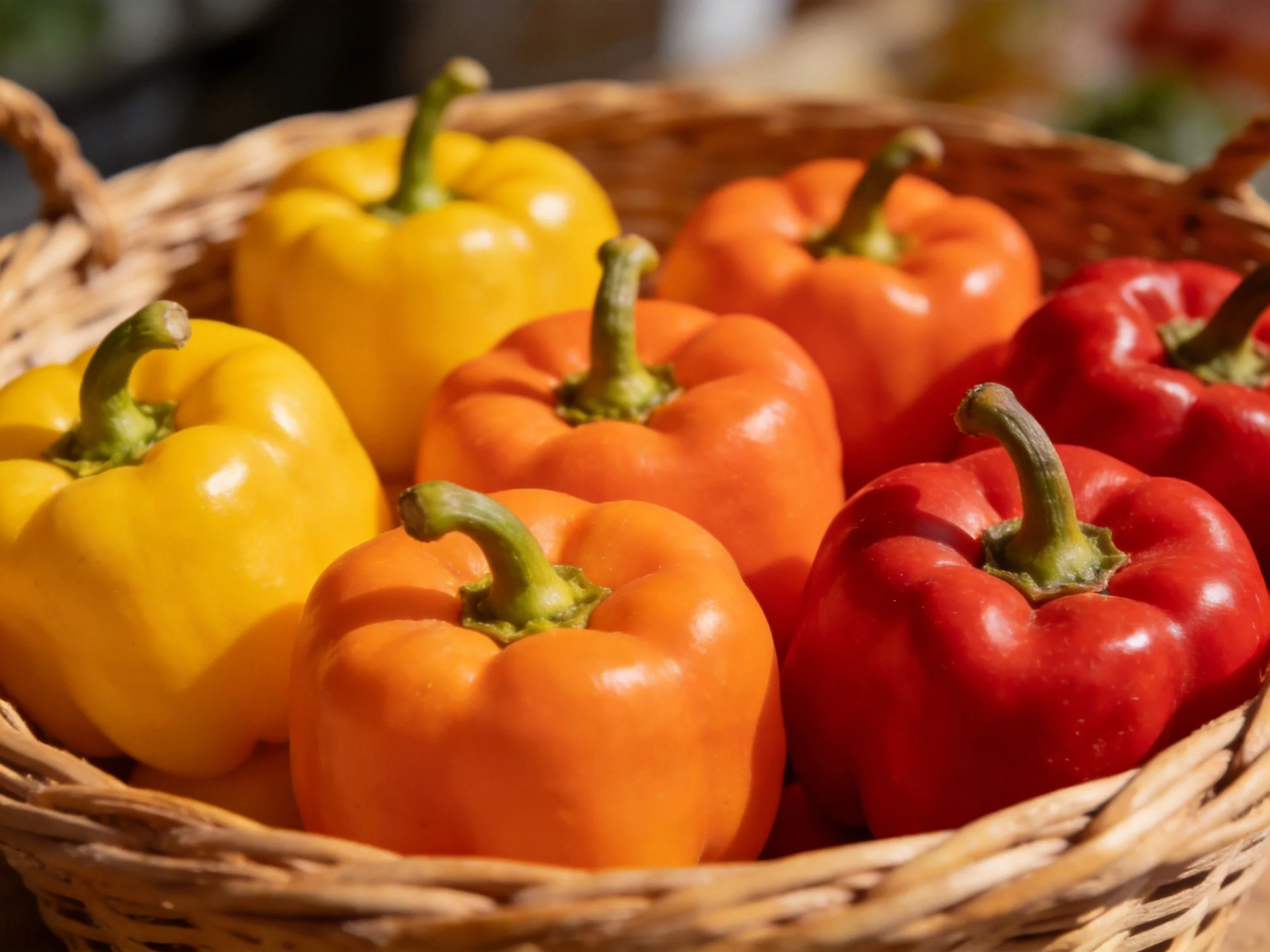 A wicker basket holds vibrant bell peppers in yellow, orange, and red