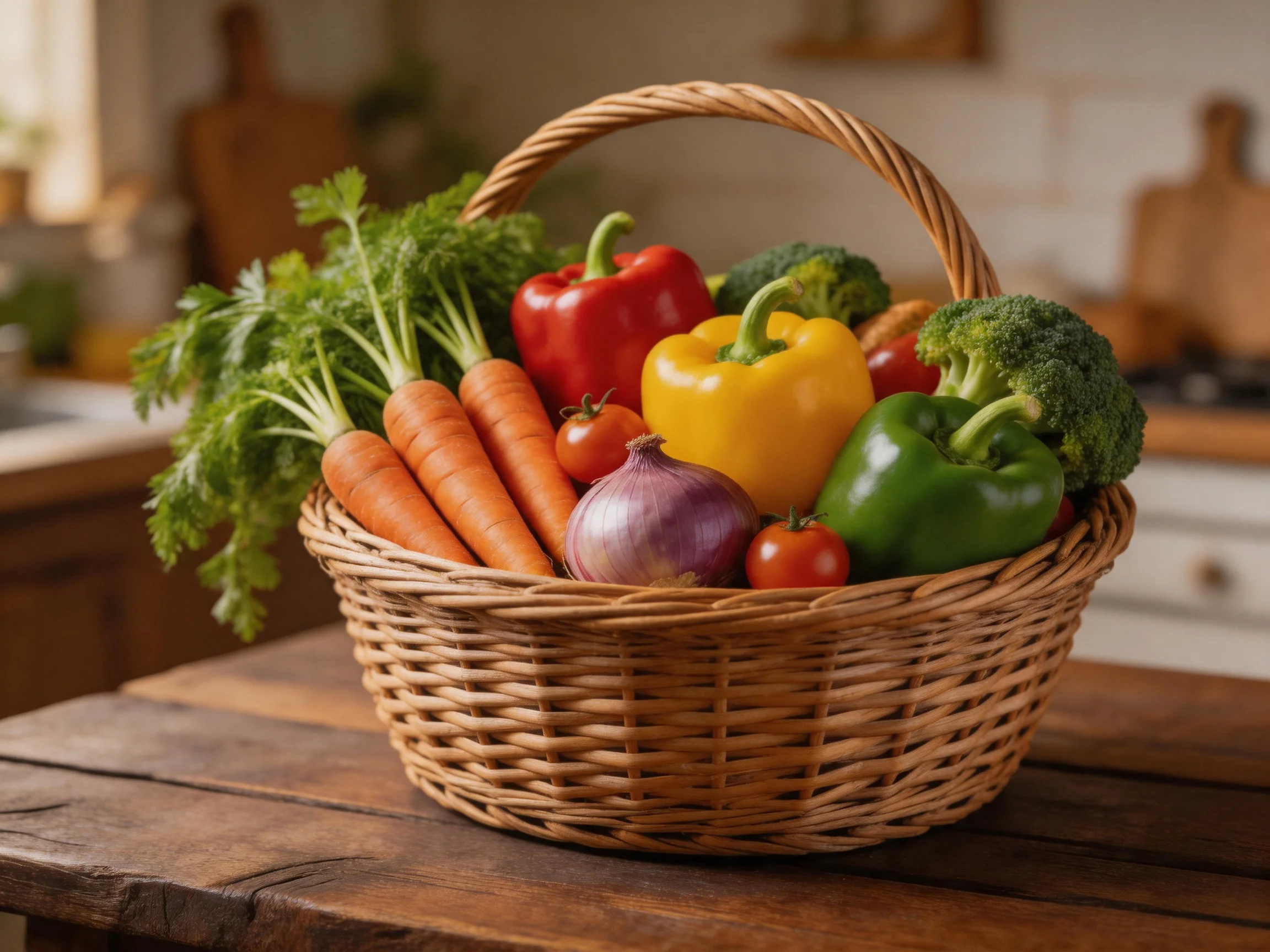 A wicker basket holds vibrant fresh vegetables like carrots, bell peppers, broccoli, and an onion.