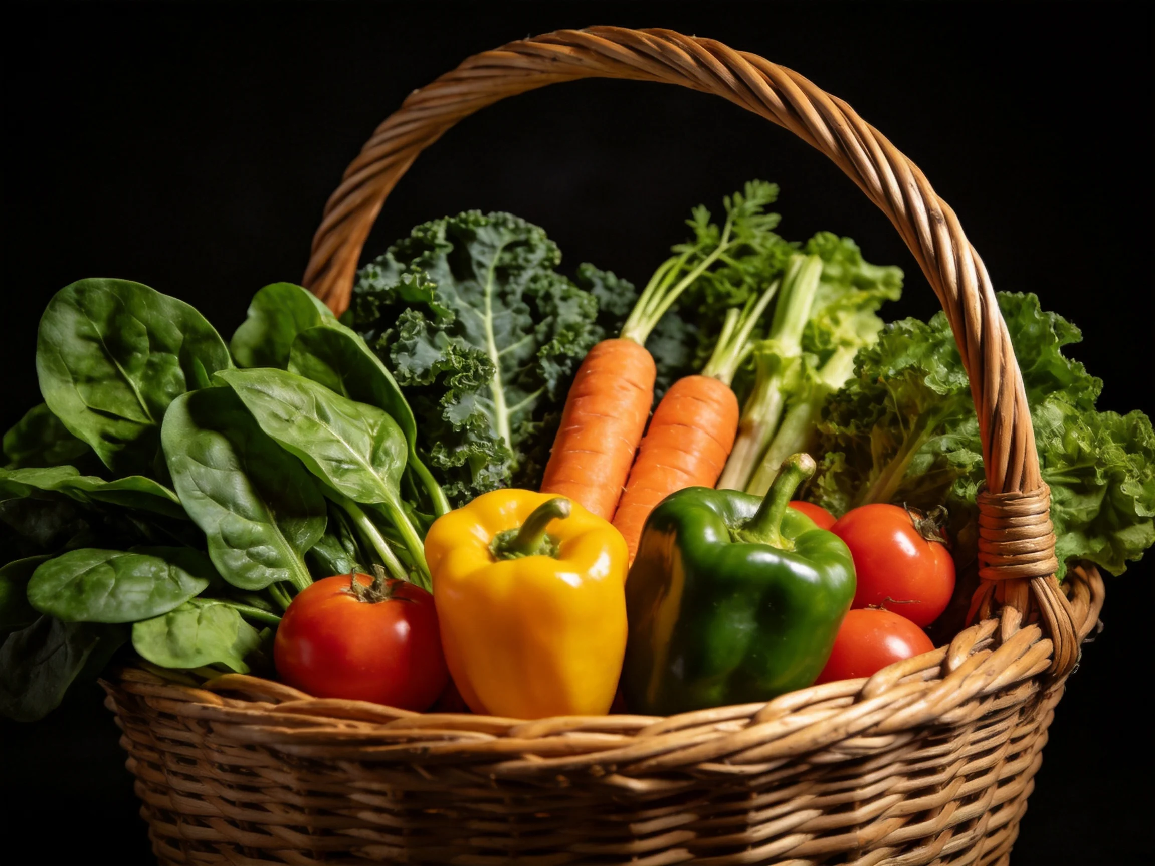 A wicker basket holds vibrant leafy greens, orange carrots, yellow and green bell peppers, and red to