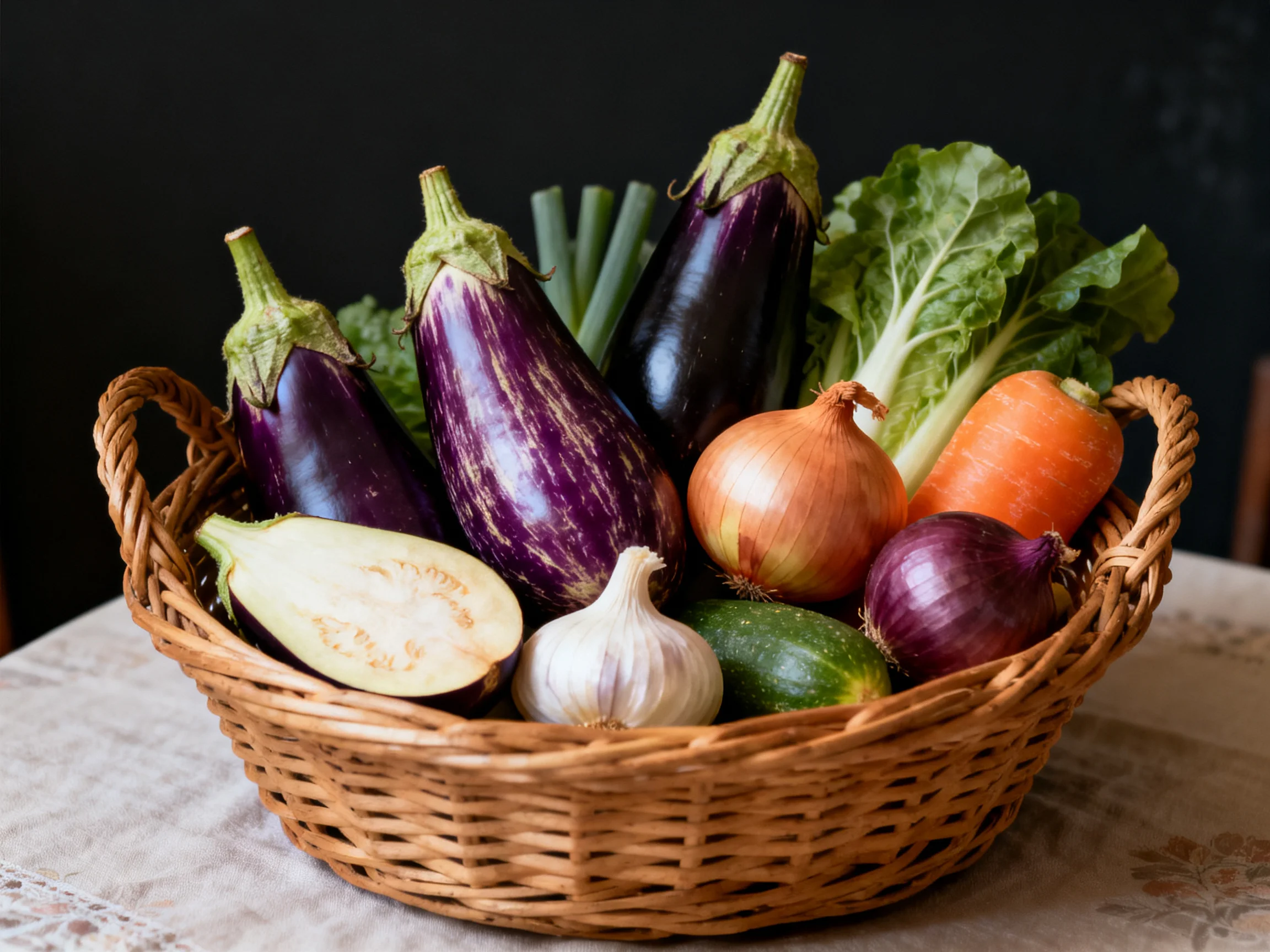 A wicker basket holds vibrant purple eggplants, golden onions, orange carrots, and fresh greens