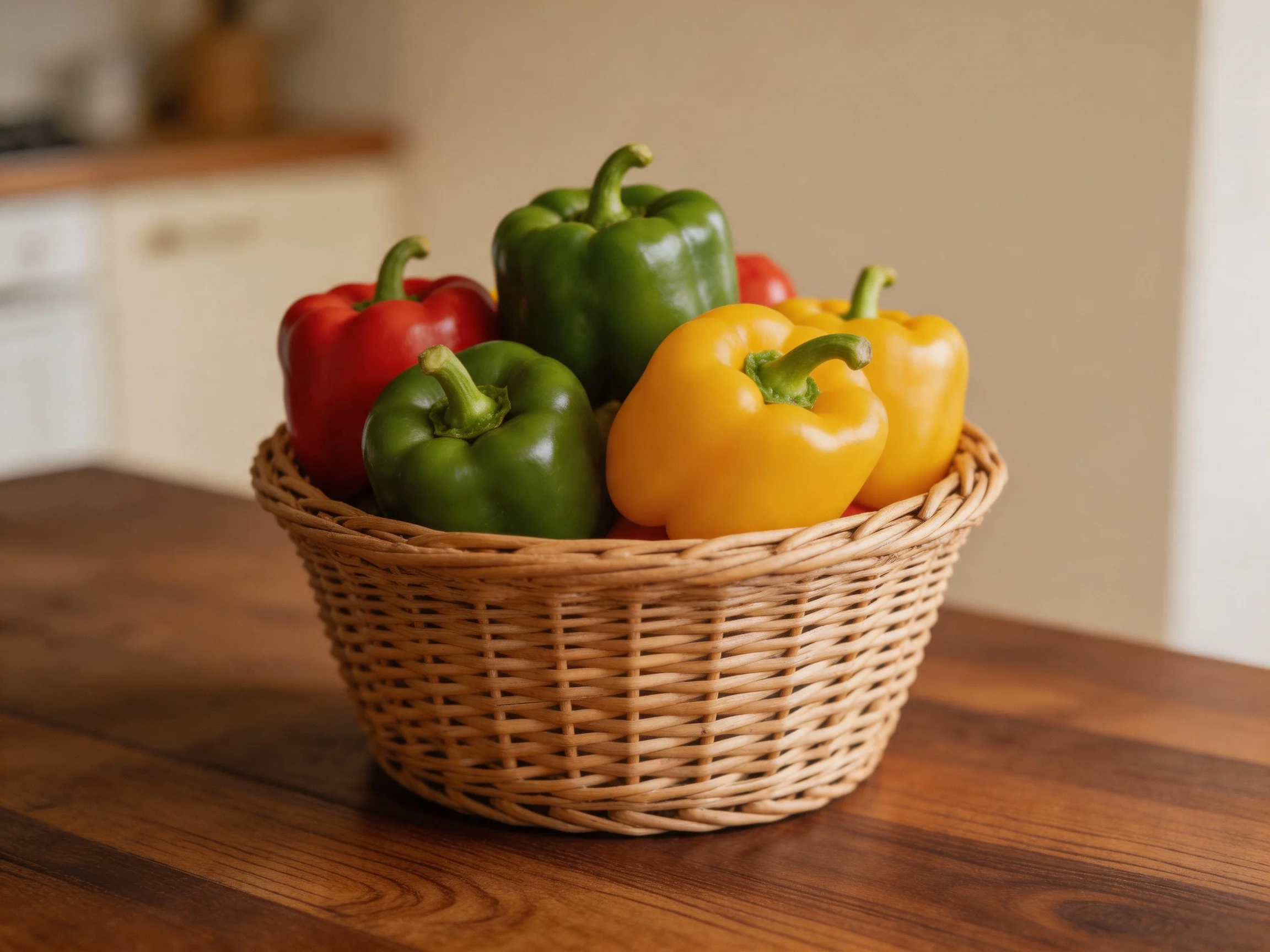 A wicker basket holds vibrant red, green, and yellow bell peppers on a wooden table