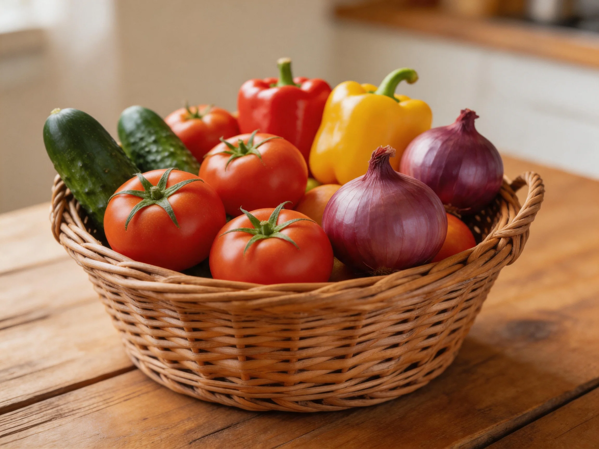 A wicker basket holds vibrant tomatoes, bell peppers, cucumbers, and red onions.