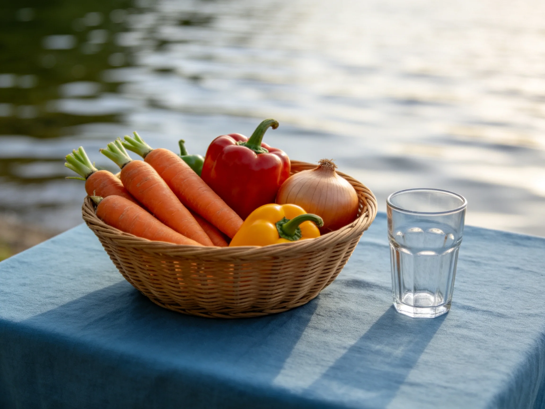 A wicker basket holds vibrant vegetables beside a glass near calm water