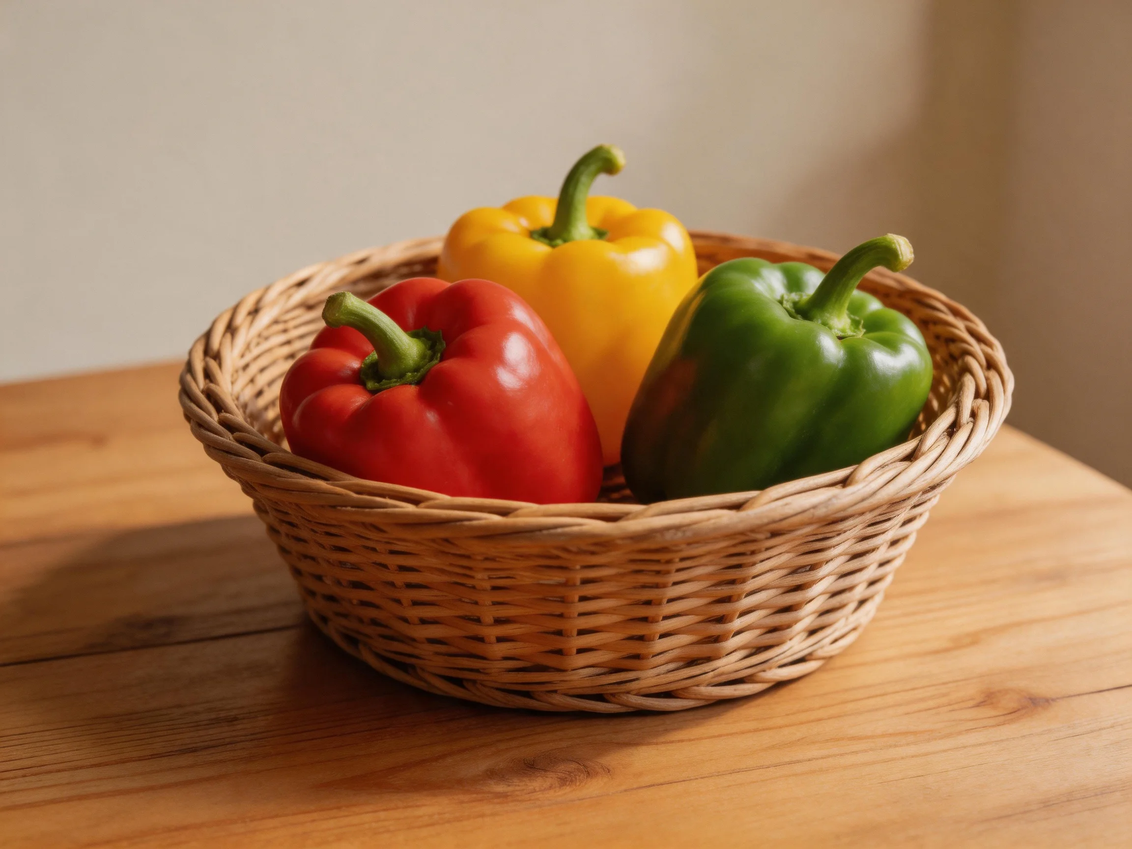 A wicker basket holdsvibrant red, yellow, and green bell peppers