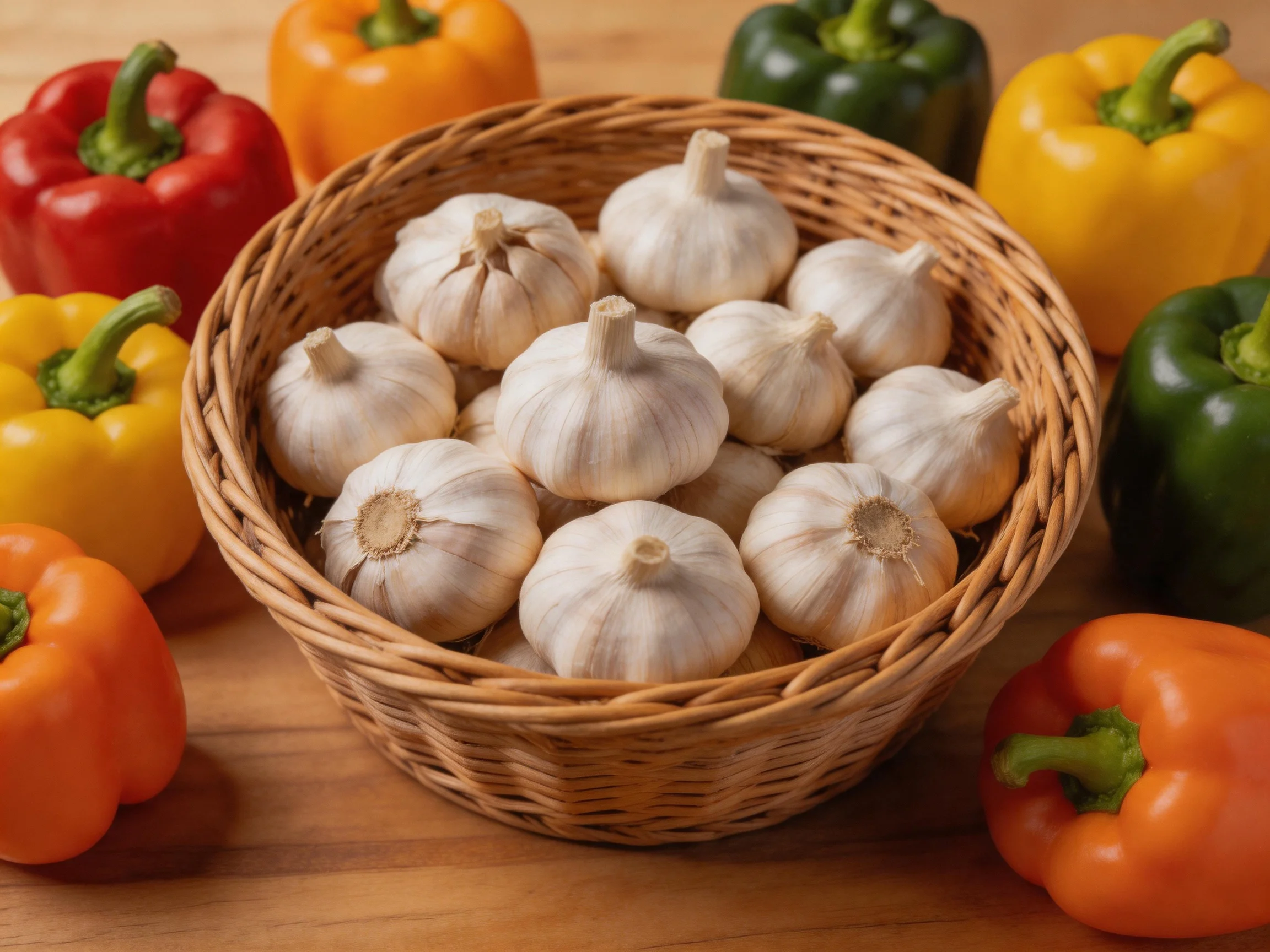 A wicker basket of garlic surrounded by colorful bell peppers