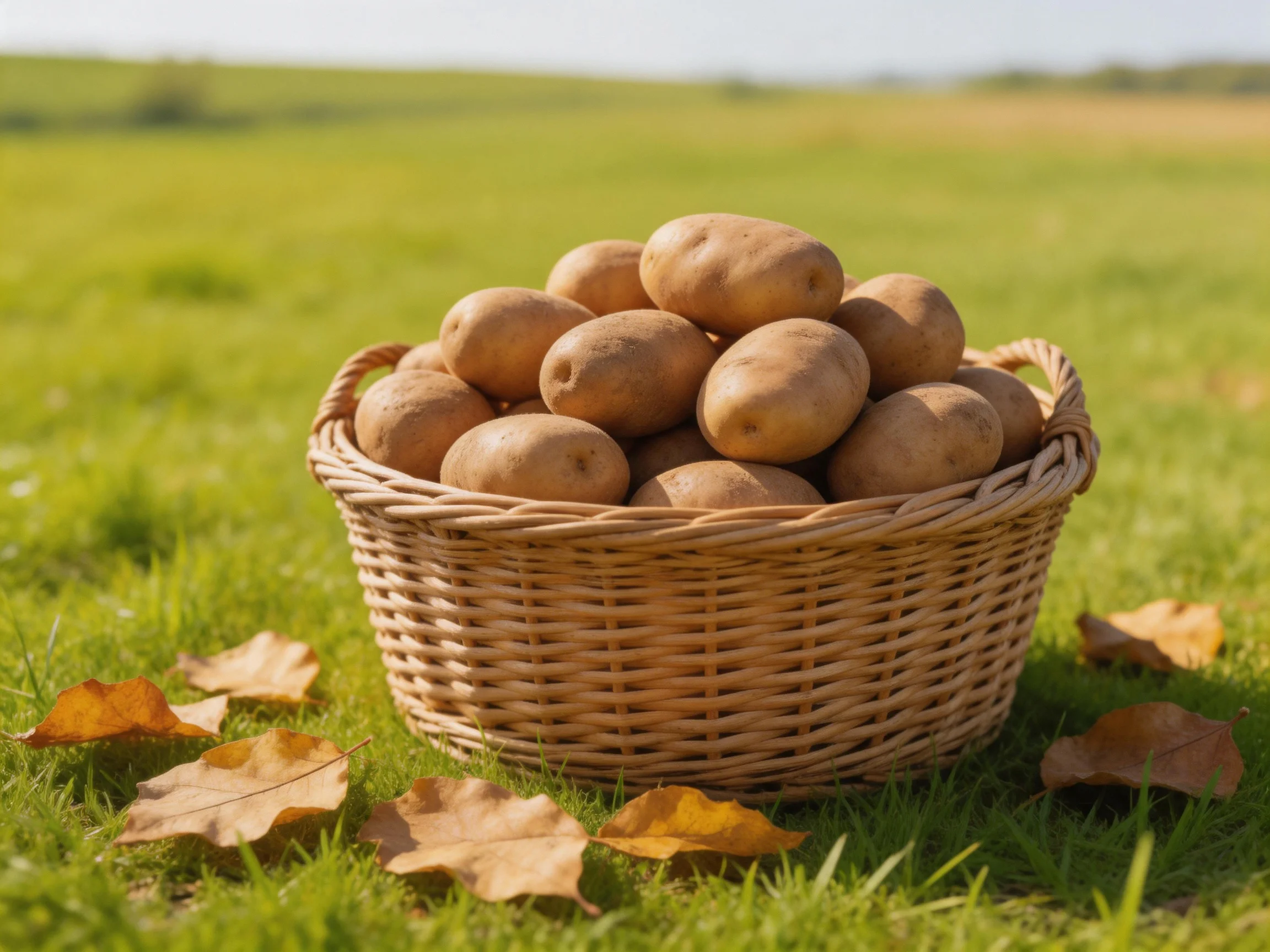 A wicker basket overflowed with earth-toned potatoes lies on a green meadow with scattered dried leav