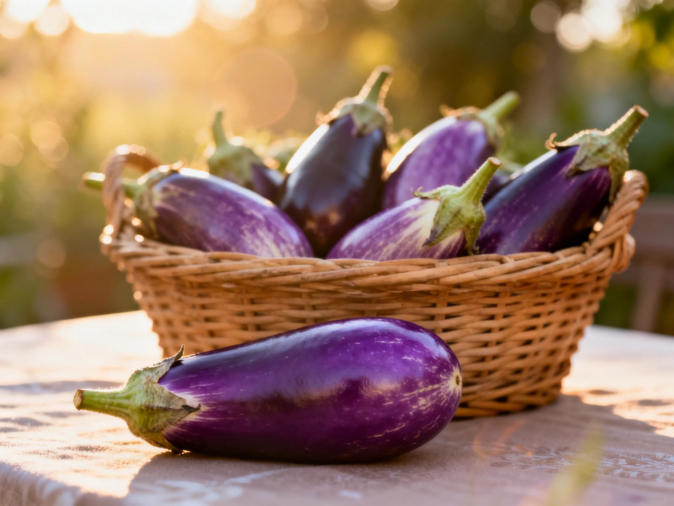 A wicker basket overflowed with vibrant purple eggplants near an outdoor table