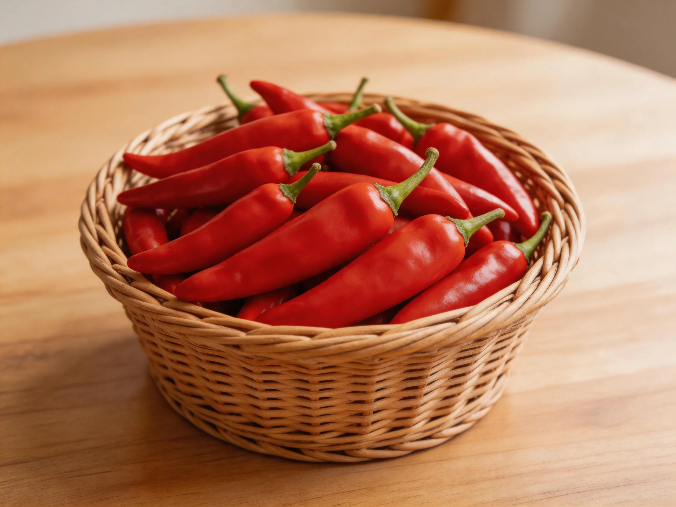 A wicker basket overflowing with bright red chili peppers on a wooden table
