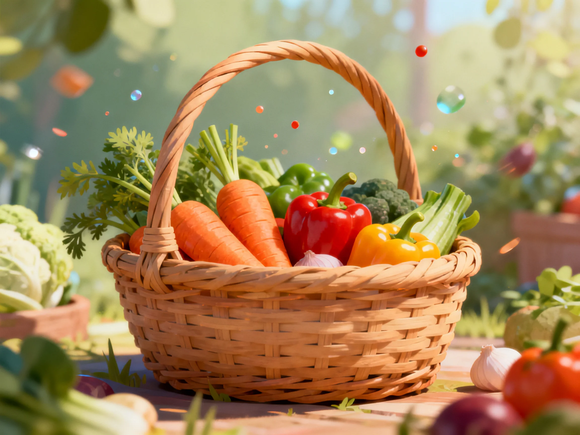 A wicker basket overflowing with colorful fresh produce in a sunlit garden