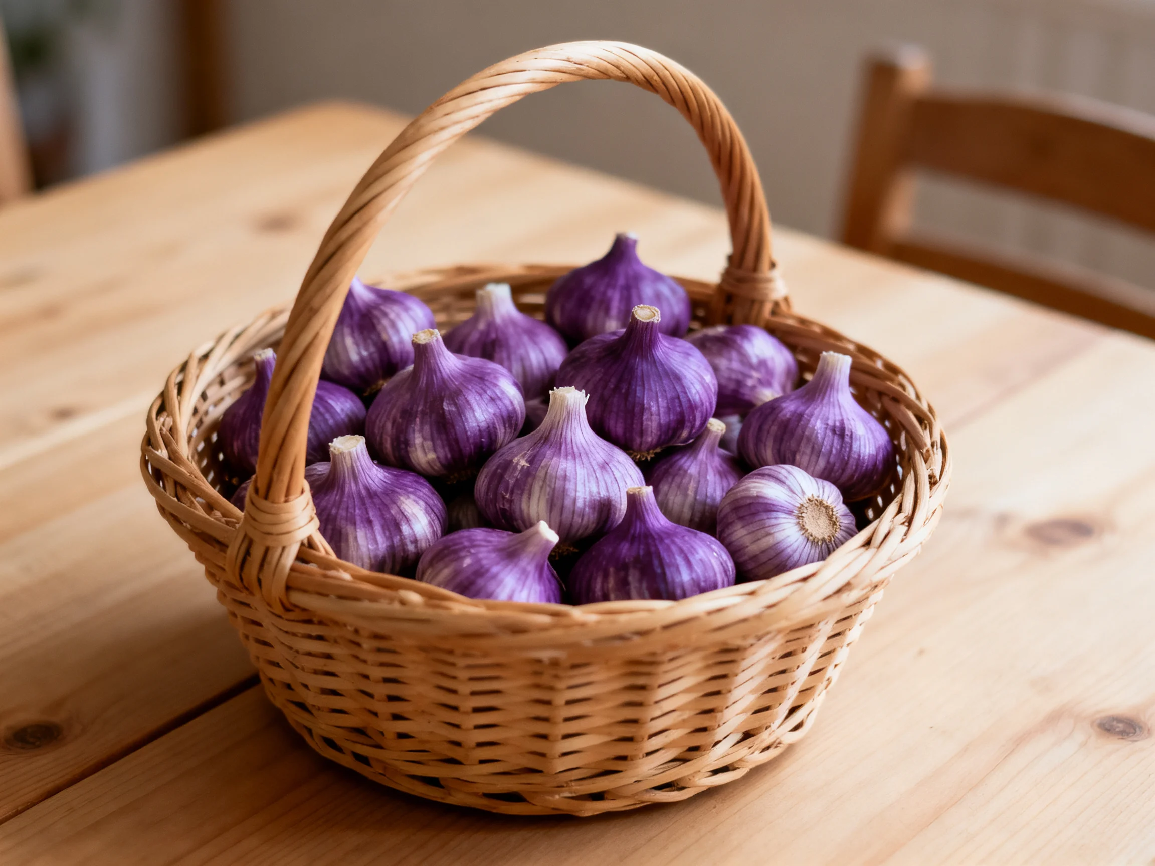 A wicker basket overflowing with purple garlic bulbs on a wooden table