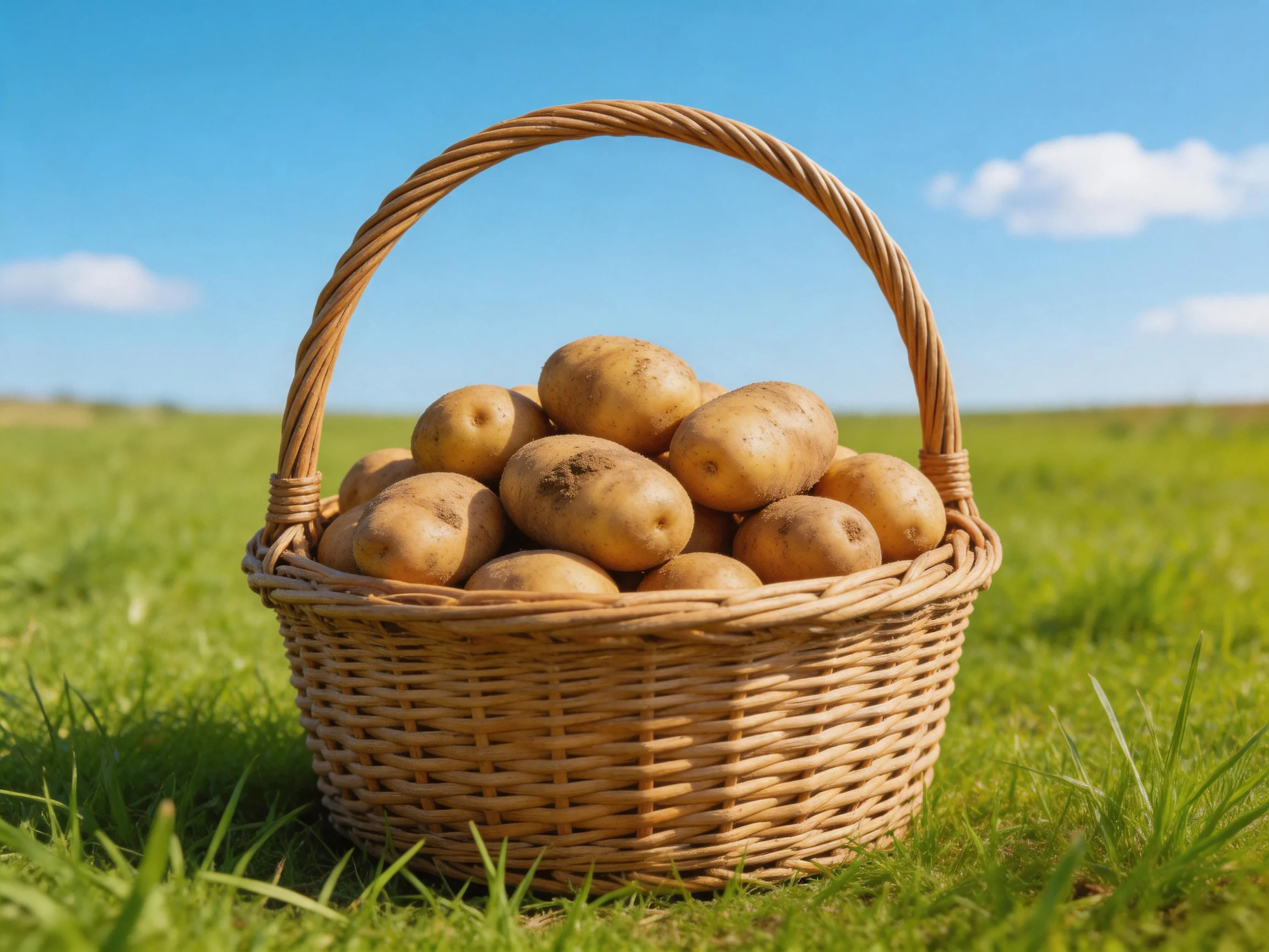 A wicker basket overflowing with tan potatoes rests on vibrant green grass beneath a clear blue sky