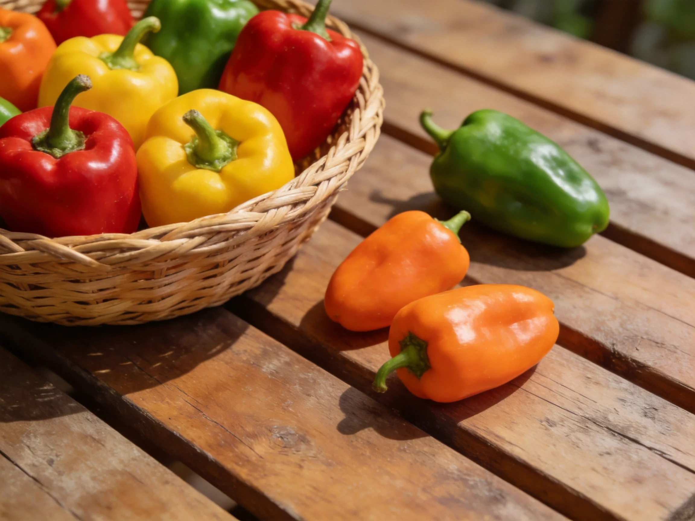 A wicker basket with colorful bell peppers, two orange, one green on wooden table