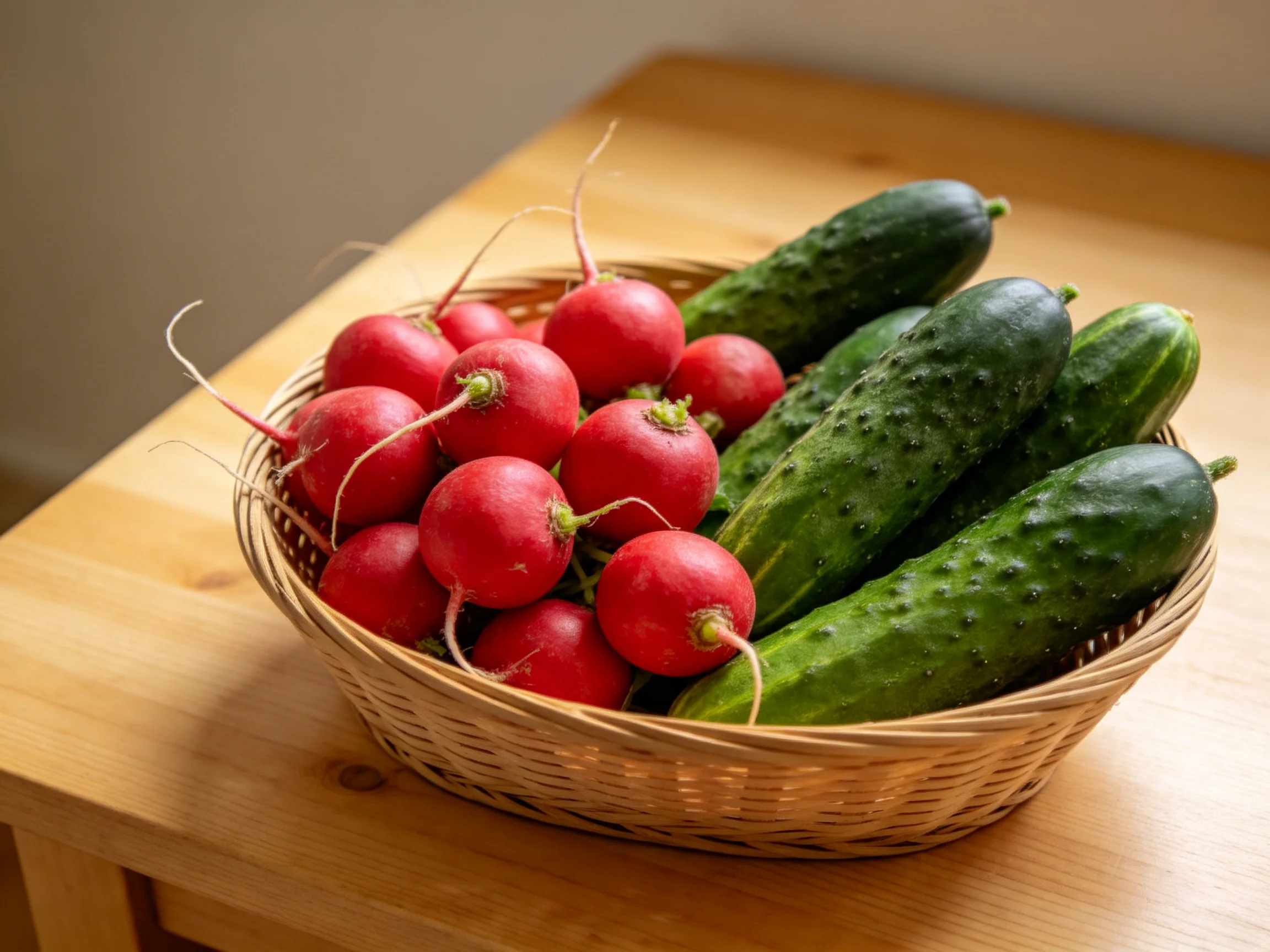 A wicker basket with red radishes and green cucumbers on a wooden table
