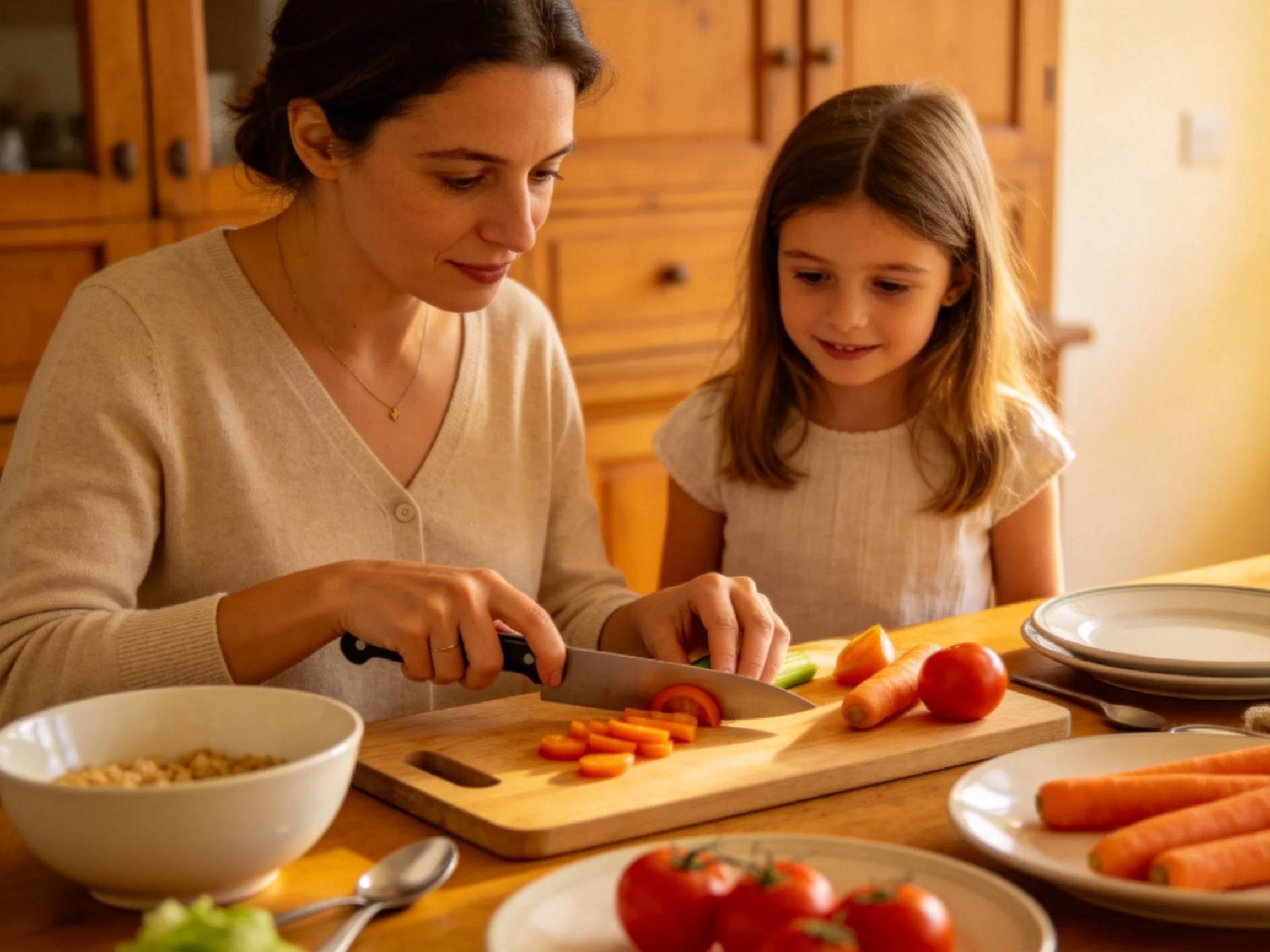 A woman and girl preparing colorful vegetables in a wooden kitchen