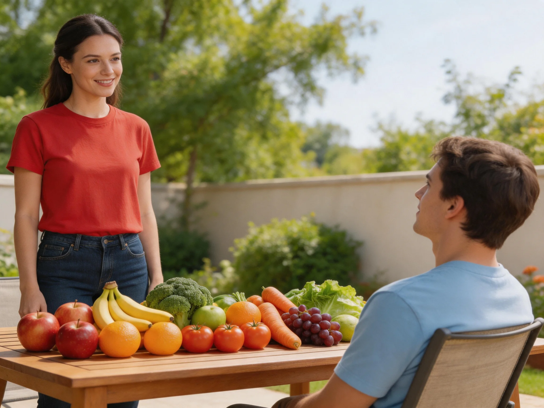 A woman and man gather around a wooden table with assorted fresh produce in a sunny garden