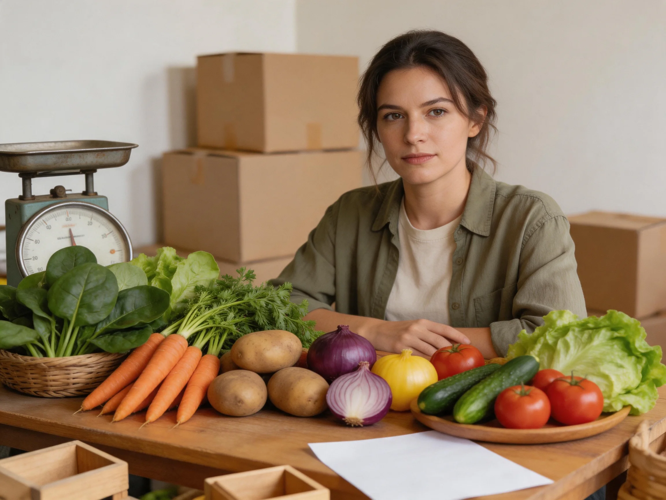 A woman at wooden table with assorted fresh vegetables and stacked boxes