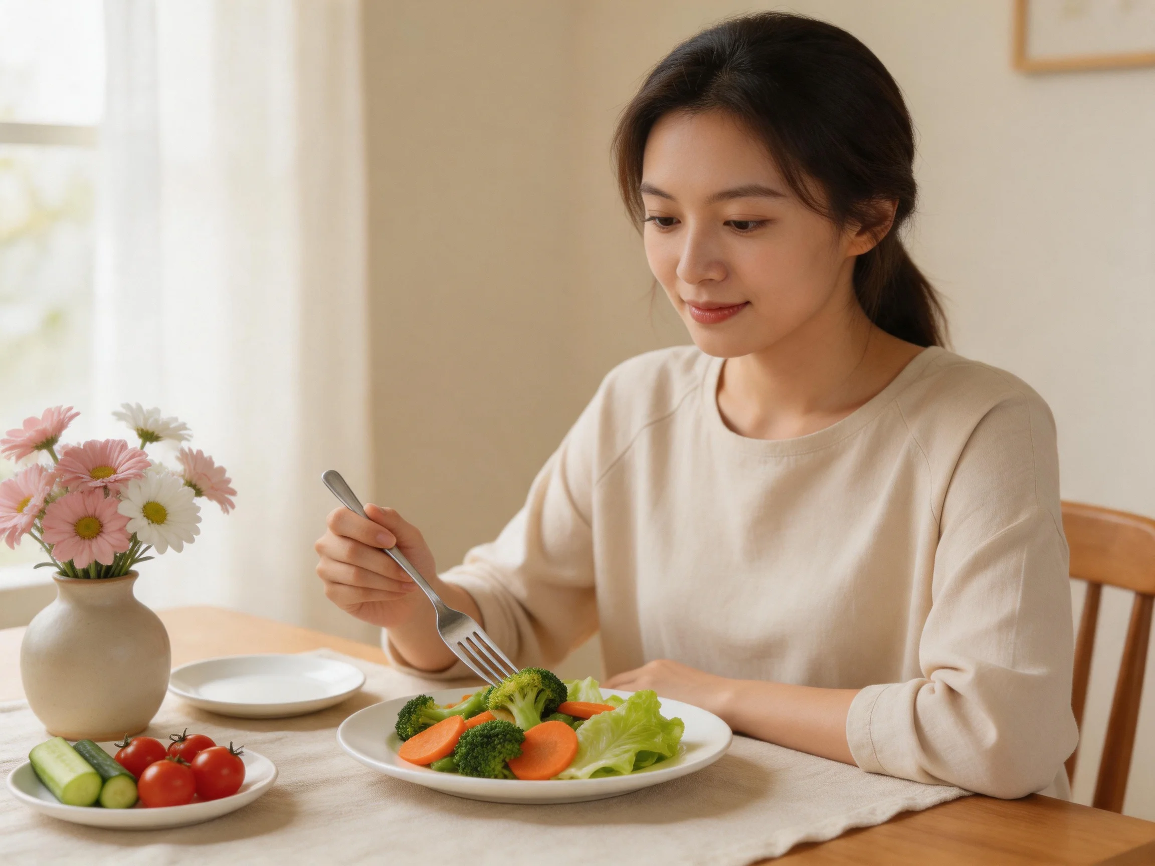 A woman enjoying a fresh vegetable meal at a wooden dining table