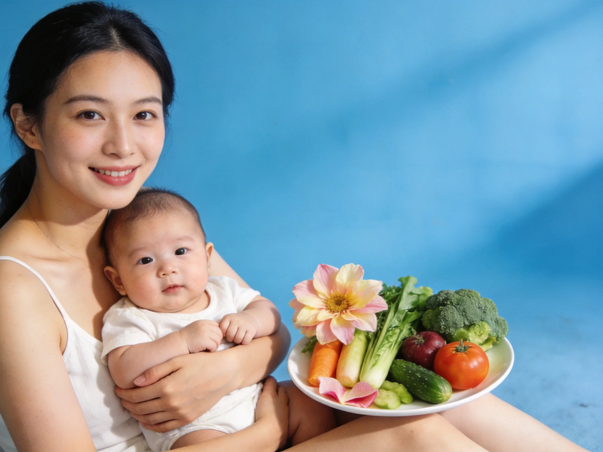 A woman holding a baby beside a plate of colorful vegetables and flowers